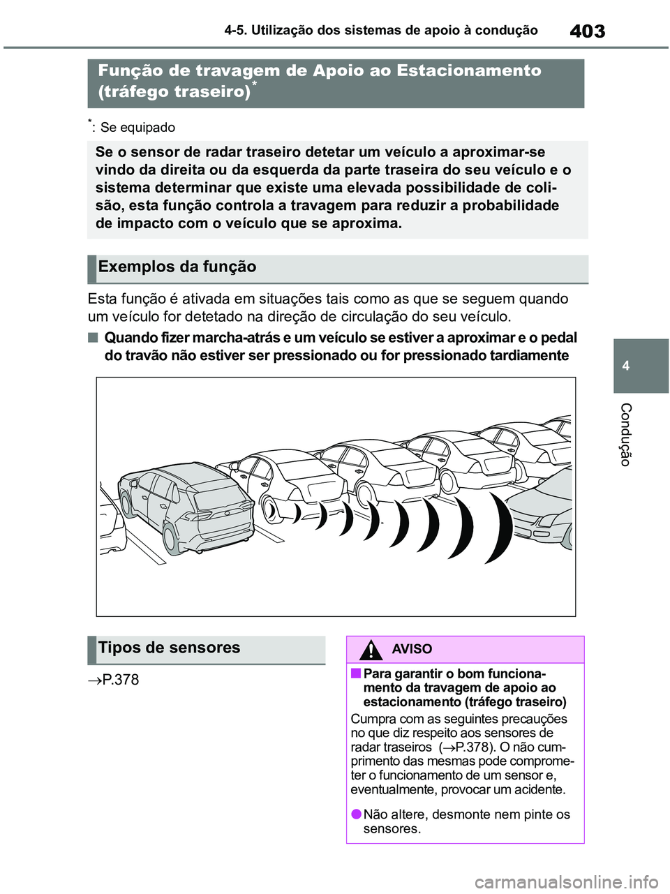 TOYOTA RAV4 2020 Manual de utilização (in Portuguese) 403
4 4-5. Utilização dos sistemas de apoio à condução
Condução
*: Se equipado
Esta função é ativada em situações tais como as que se seguem quando
um veículo for detetado na direção d TOYOTA RAV4 2020 Manual de utilização (in Portuguese) 403
4 4-5. Utilização dos sistemas de apoio à condução
Condução
*: Se equipado
Esta função é ativada em situações tais como as que se seguem quando
um veículo for detetado na direção d