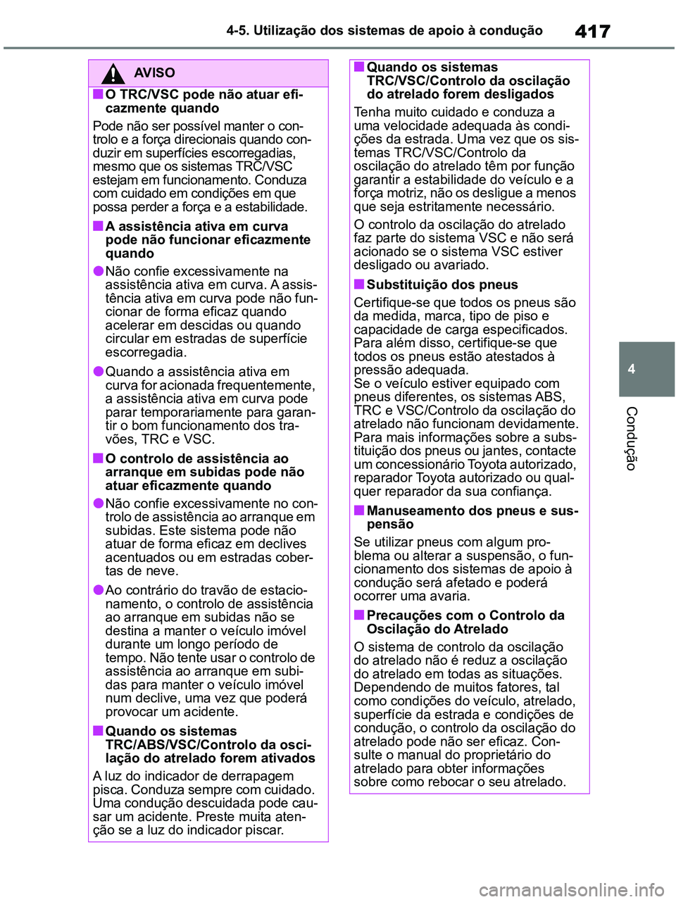 TOYOTA RAV4 2020 Manual de utilização (in Portuguese) 417
4 4-5. Utilização dos sistemas de apoio à condução
Condução
AV I S O
■O TRC/VSC pode não atuar efi-
cazmente quando
Pode não ser possível manter o con-
trolo e a força direcionais qua TOYOTA RAV4 2020 Manual de utilização (in Portuguese) 417
4 4-5. Utilização dos sistemas de apoio à condução
Condução
AV I S O
■O TRC/VSC pode não atuar efi-
cazmente quando
Pode não ser possível manter o con-
trolo e a força direcionais qua