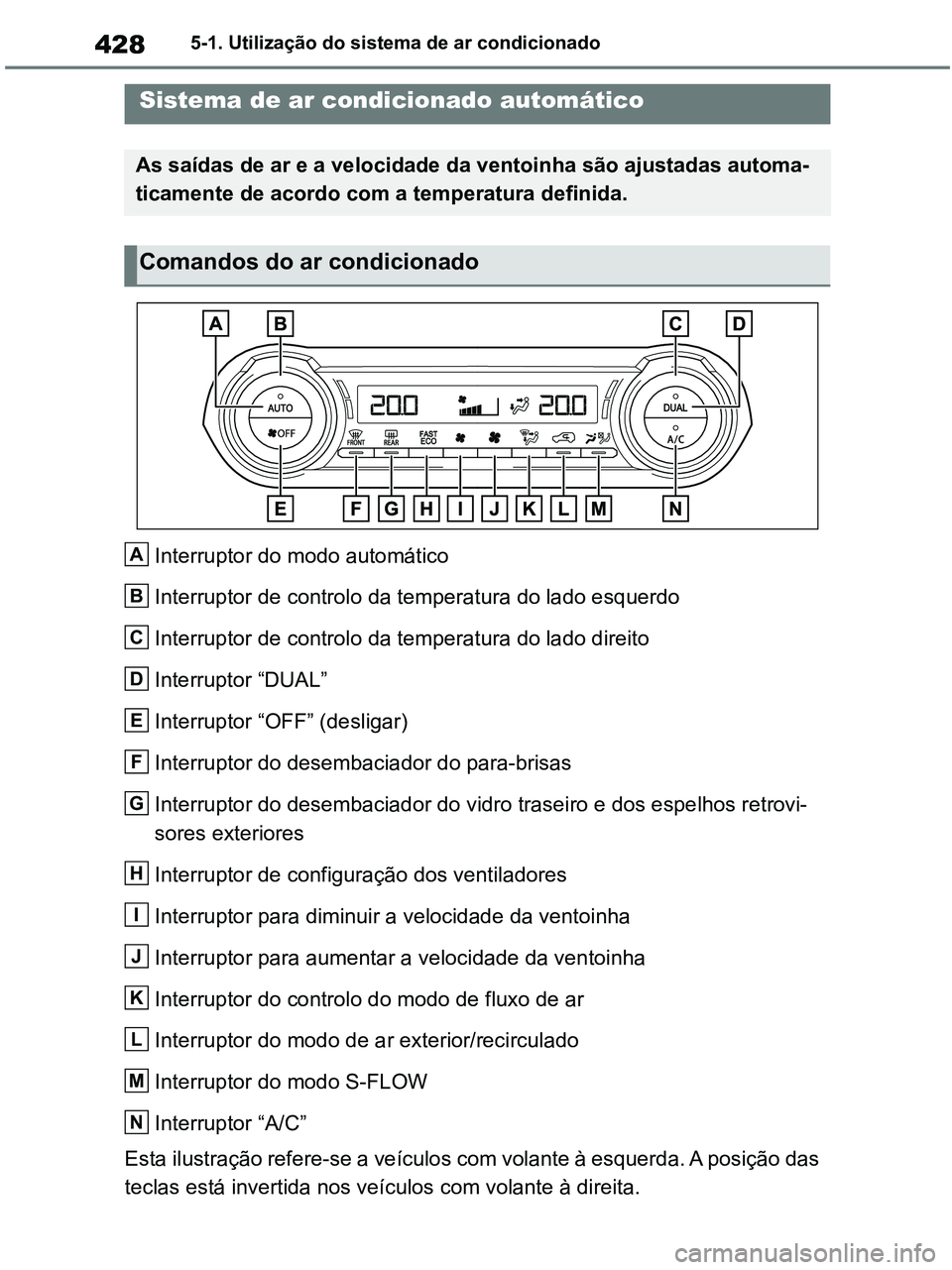 TOYOTA RAV4 2020 Manual de utilização (in Portuguese) 4285-1. Utilização do sistema de ar condicionado
5-1.Using the air conditioning system and defogger
Interruptor do modo automático
Interruptor de controlo da temperatura do lado esquerdo
Interrupto TOYOTA RAV4 2020 Manual de utilização (in Portuguese) 4285-1. Utilização do sistema de ar condicionado
5-1.Using the air conditioning system and defogger
Interruptor do modo automático
Interruptor de controlo da temperatura do lado esquerdo
Interrupto
