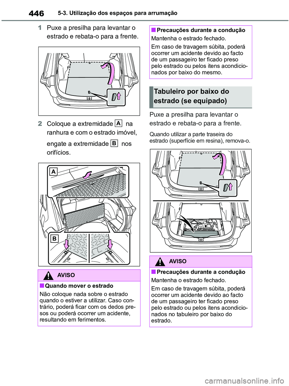 TOYOTA RAV4 2020  Manual de utilização (in Portuguese) 4465-3. Utilização dos espaços para arrumação
1Puxe a presilha para levantar o 
estrado e rebata-o para a frente.
2Coloque a extremidade   na 
ranhura e com o estrado imóvel, 
engate a extremida