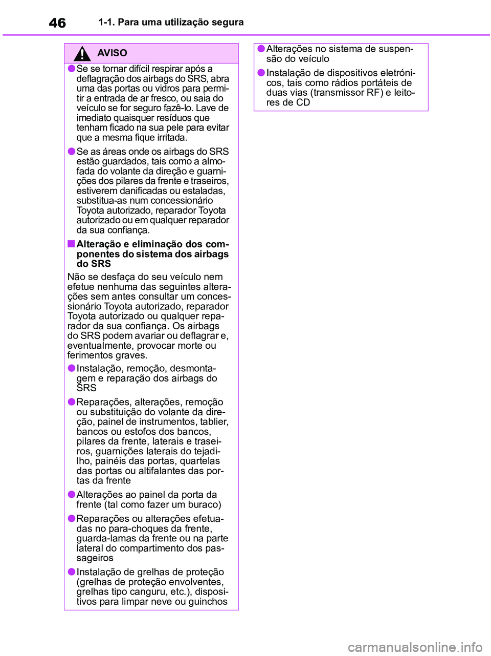 TOYOTA RAV4 2020 Manual de utilização (in Portuguese) 461-1. Para uma utilização segura
AV I S O
●Se se tornar difícil respirar após a
deflagração dos airbags do SRS, abra
uma das portas ou vidros para permi-
tir a entrada de ar fresco, ou saia TOYOTA RAV4 2020 Manual de utilização (in Portuguese) 461-1. Para uma utilização segura
AV I S O
●Se se tornar difícil respirar após a
deflagração dos airbags do SRS, abra
uma das portas ou vidros para permi-
tir a entrada de ar fresco, ou saia