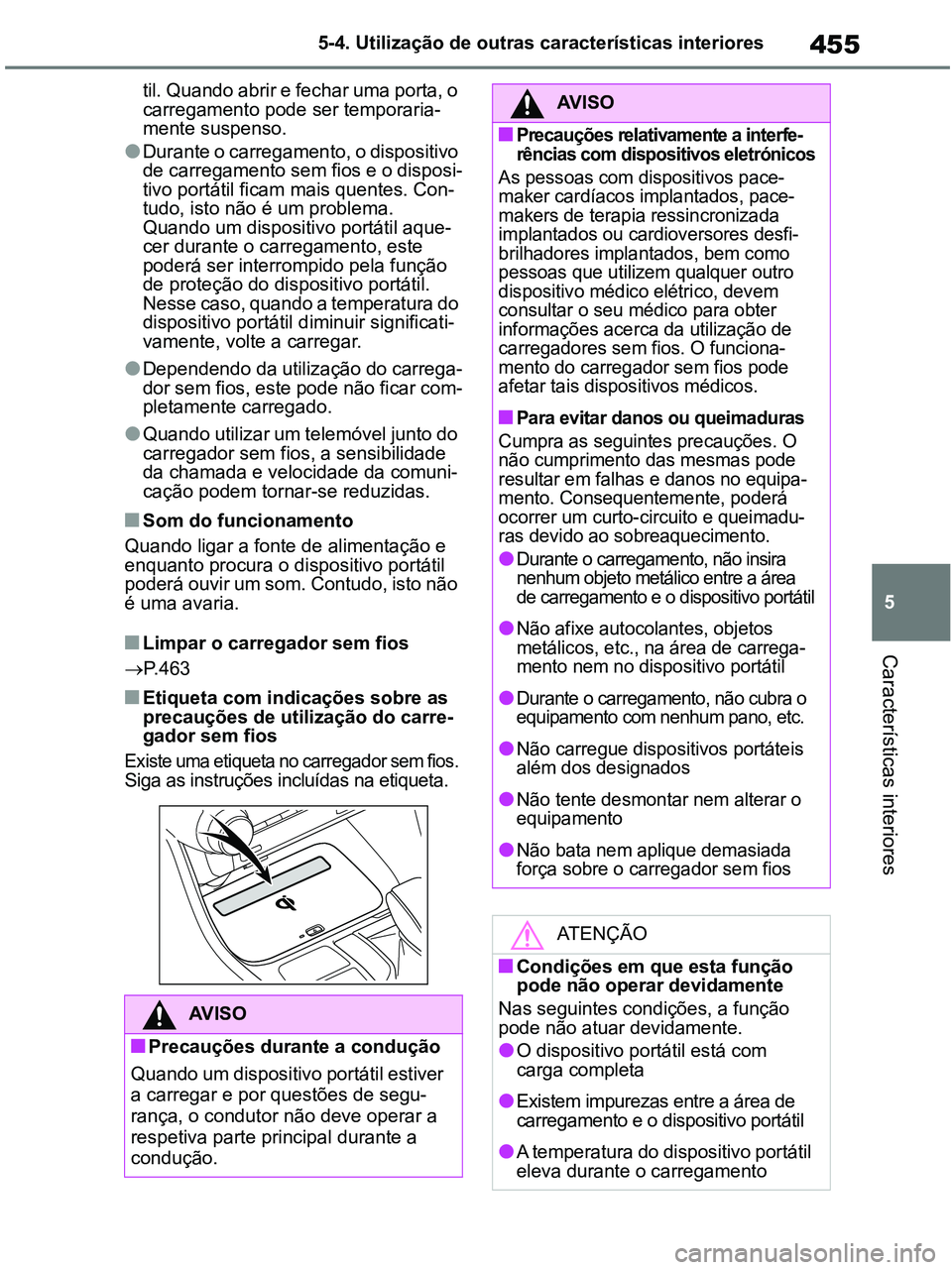 TOYOTA RAV4 2020 Manual de utilização (in Portuguese) 455
5 5-4. Utilização de outras características interiores
Características interiores
til. Quando abrir e fechar uma porta, o
carregamento pode ser temporaria-
mente suspenso.
●Durante o carreg TOYOTA RAV4 2020 Manual de utilização (in Portuguese) 455
5 5-4. Utilização de outras características interiores
Características interiores
til. Quando abrir e fechar uma porta, o
carregamento pode ser temporaria-
mente suspenso.
●Durante o carreg
