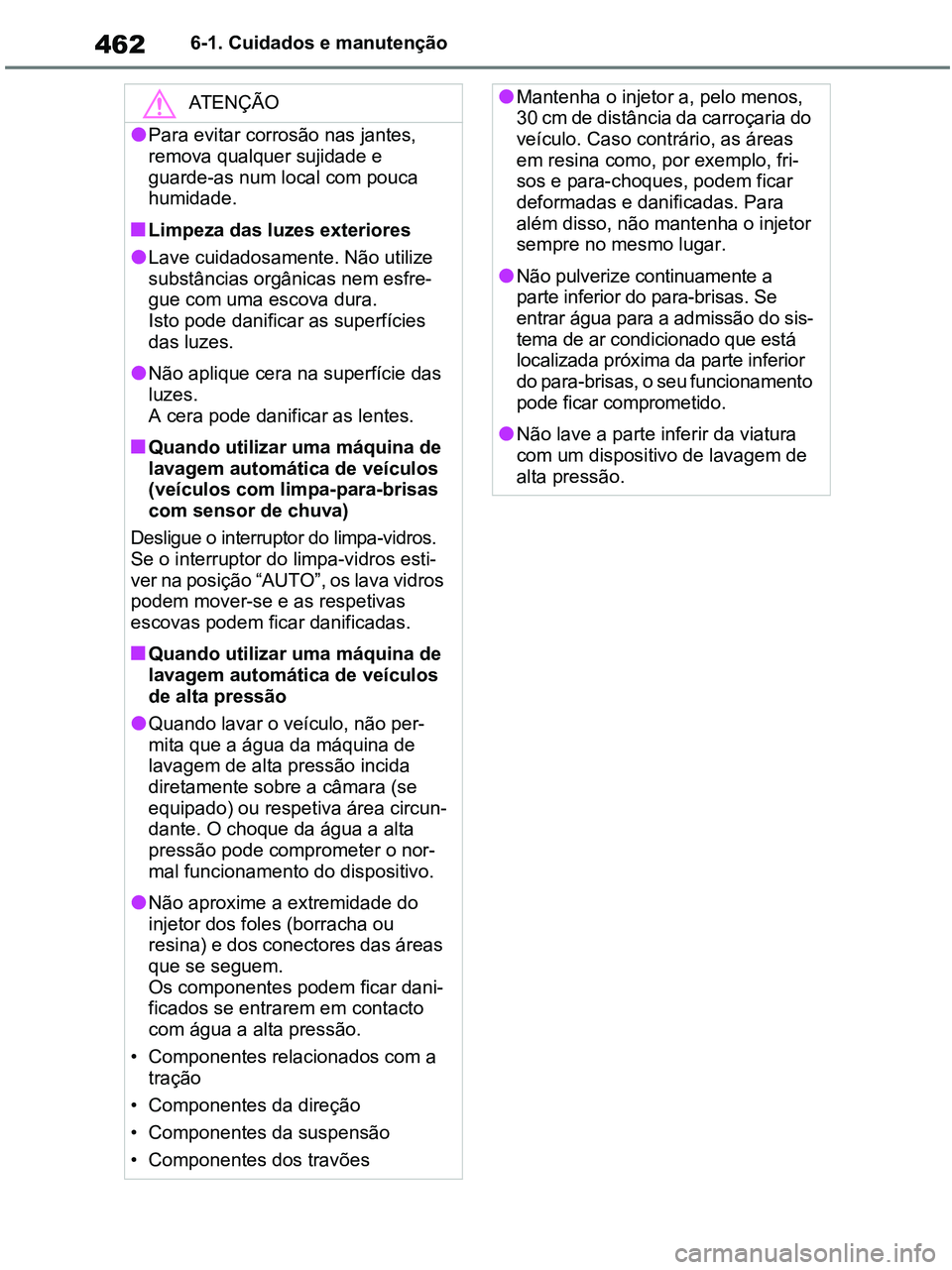 TOYOTA RAV4 2020 Manual de utilização (in Portuguese) 4626-1. Cuidados e manutenção
ATENÇÃO
●Para evitar corrosão nas jantes,
remova qualquer sujidade e
guarde-as num local com pouca
humidade.
■Limpeza das luzes exteriores
●Lave cuidadosame TOYOTA RAV4 2020 Manual de utilização (in Portuguese) 4626-1. Cuidados e manutenção
ATENÇÃO
●Para evitar corrosão nas jantes,
remova qualquer sujidade e
guarde-as num local com pouca
humidade.
■Limpeza das luzes exteriores
●Lave cuidadosame