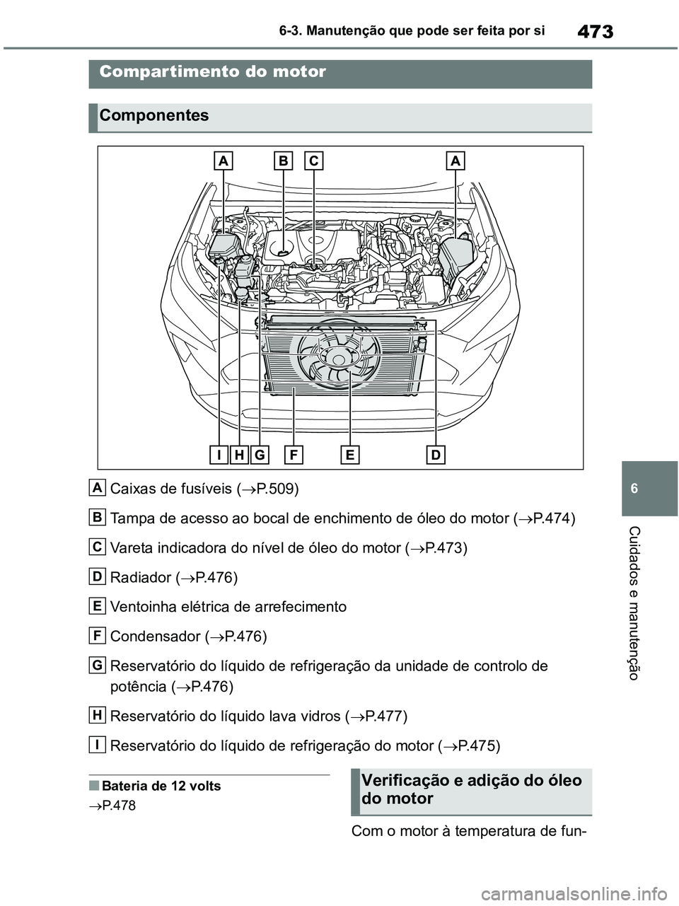 TOYOTA RAV4 2020 Manual de utilização (in Portuguese) 473
6 6-3. Manutenção que pode ser feita por si
Cuidados e manutenção
Caixas de fusíveis (P.509)
Tampa de acesso ao bocal de enchimento de óleo do motor (P.474)
Vareta indicadora do nível TOYOTA RAV4 2020 Manual de utilização (in Portuguese) 473
6 6-3. Manutenção que pode ser feita por si
Cuidados e manutenção
Caixas de fusíveis (P.509)
Tampa de acesso ao bocal de enchimento de óleo do motor (P.474)
Vareta indicadora do nível