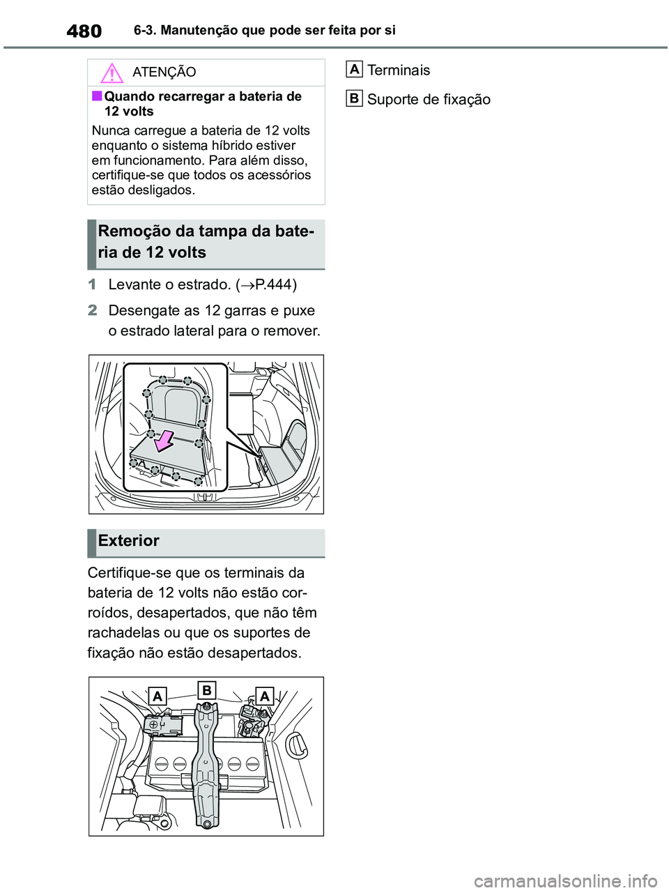 TOYOTA RAV4 2020 Manual de utilização (in Portuguese) 4806-3. Manutenção que pode ser feita por si
1Levante o estrado. (P.444)
2Desengate as 12 garras e puxe
o estrado lateral para o remover.
Certifique-se que os terminais da
bateria de 12 volts n TOYOTA RAV4 2020 Manual de utilização (in Portuguese) 4806-3. Manutenção que pode ser feita por si
1Levante o estrado. (P.444)
2Desengate as 12 garras e puxe
o estrado lateral para o remover.
Certifique-se que os terminais da
bateria de 12 volts n
