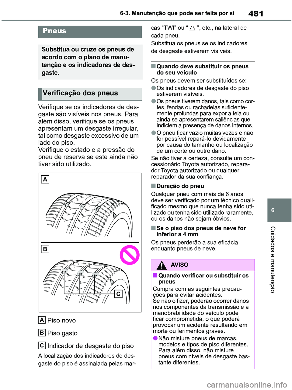 TOYOTA RAV4 2020 Manual de utilização (in Portuguese) 481
6 6-3. Manutenção que pode ser feita por si
Cuidados e manutenção
Verifique se os indicadores de des-
gaste são visíveis nos pneus. Para
além disso, verifique se os pneus
apresentam um de TOYOTA RAV4 2020 Manual de utilização (in Portuguese) 481
6 6-3. Manutenção que pode ser feita por si
Cuidados e manutenção
Verifique se os indicadores de des-
gaste são visíveis nos pneus. Para
além disso, verifique se os pneus
apresentam um de