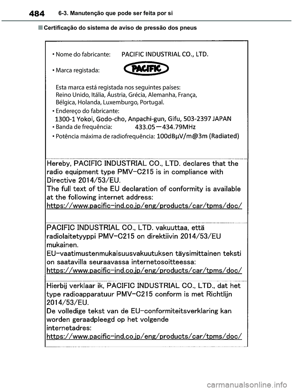 TOYOTA RAV4 2020 Manual de utilização (in Portuguese) 4846-3. Manutenção que pode ser feita por si
■Certificação do sistema de aviso de pressão dos pneus
Nome do fabricante:
Marca registada:
Esta marca está registada nos seguintes países:
Reino TOYOTA RAV4 2020 Manual de utilização (in Portuguese) 4846-3. Manutenção que pode ser feita por si
■Certificação do sistema de aviso de pressão dos pneus
Nome do fabricante:
Marca registada:
Esta marca está registada nos seguintes países:
Reino
