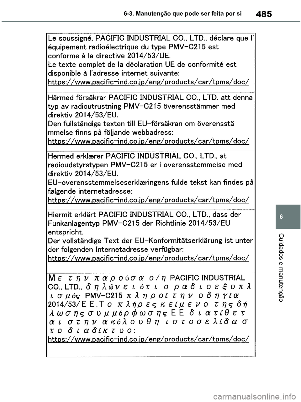 TOYOTA RAV4 2020 Manual de utilização (in Portuguese) 485
6 6-3. Manutenção que pode ser feita por si
Cuidados e manutenção
pM_RAV4-HV_OM_OM42D32PT.book Page 485 Wednesday, January 27, 2021 6:28 PM TOYOTA RAV4 2020 Manual de utilização (in Portuguese) 485
6 6-3. Manutenção que pode ser feita por si
Cuidados e manutenção
pM_RAV4-HV_OM_OM42D32PT.book Page 485 Wednesday, January 27, 2021 6:28 PM