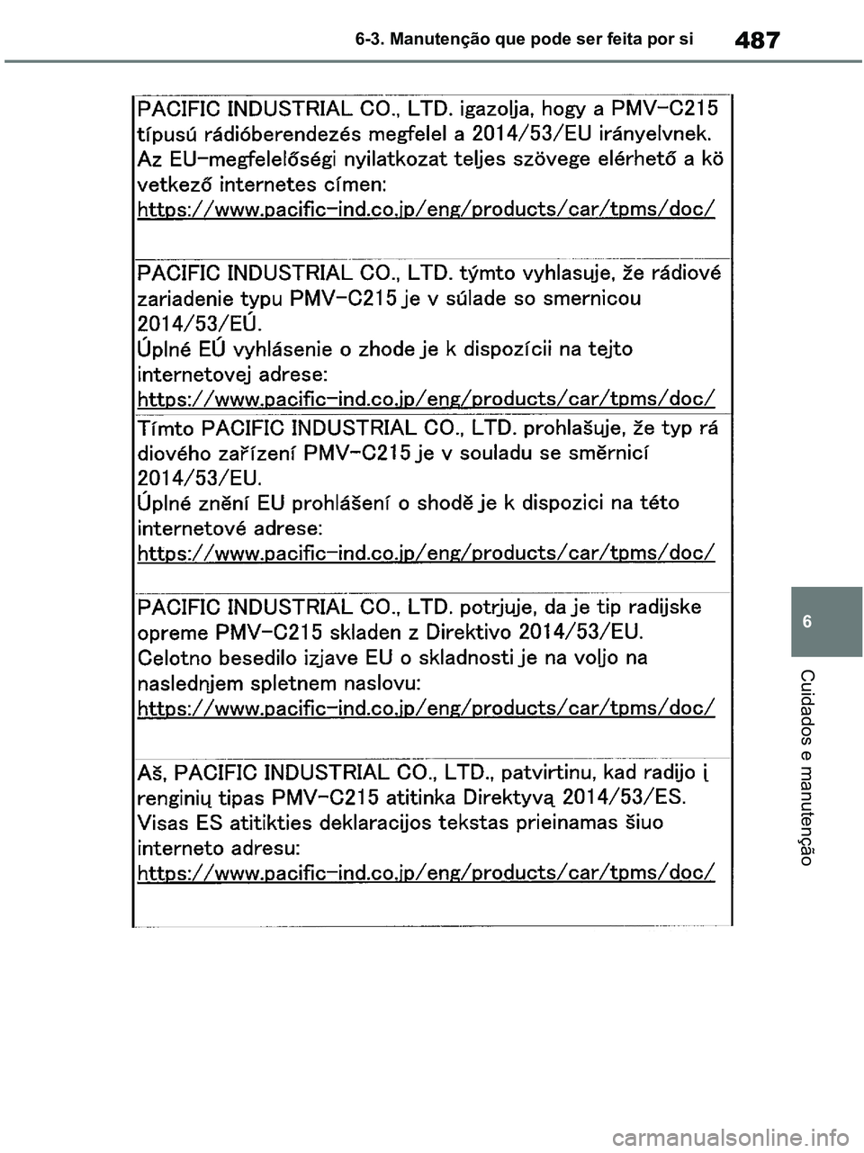 TOYOTA RAV4 2020 Manual de utilização (in Portuguese) 487
6 6-3. Manutenção que pode ser feita por si
Cuidados e manutenção
pM_RAV4-HV_OM_OM42D32PT.book Page 487 Wednesday, January 27, 2021 6:28 PM TOYOTA RAV4 2020 Manual de utilização (in Portuguese) 487
6 6-3. Manutenção que pode ser feita por si
Cuidados e manutenção
pM_RAV4-HV_OM_OM42D32PT.book Page 487 Wednesday, January 27, 2021 6:28 PM