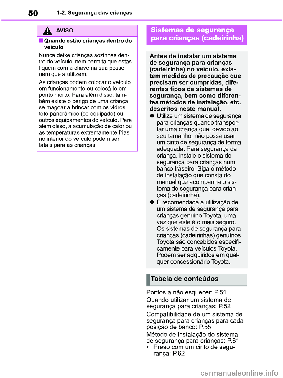 TOYOTA RAV4 2020 Manual de utilização (in Portuguese) 501-2. Segurança das crianças
Pontos a não esquecer: P.51
Quando utilizar um sistema de
segurança para crianças: P.52
Compatibilidade de um sistema de
segurança para crianças para cada
posi TOYOTA RAV4 2020 Manual de utilização (in Portuguese) 501-2. Segurança das crianças
Pontos a não esquecer: P.51
Quando utilizar um sistema de
segurança para crianças: P.52
Compatibilidade de um sistema de
segurança para crianças para cada
posi