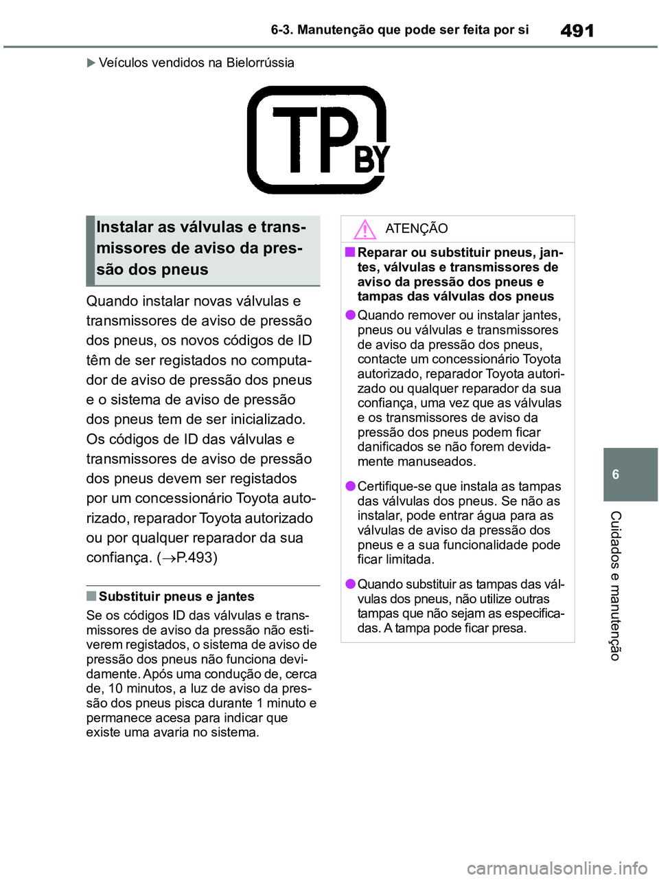 TOYOTA RAV4 2020 Manual de utilização (in Portuguese) 491
6 6-3. Manutenção que pode ser feita por si
Cuidados e manutenção
Veículos vendidos na Bielorrússia
Quando instalar novas válvulas e
transmissores de aviso de pressão
dos pneus, os no TOYOTA RAV4 2020 Manual de utilização (in Portuguese) 491
6 6-3. Manutenção que pode ser feita por si
Cuidados e manutenção
Veículos vendidos na Bielorrússia
Quando instalar novas válvulas e
transmissores de aviso de pressão
dos pneus, os no