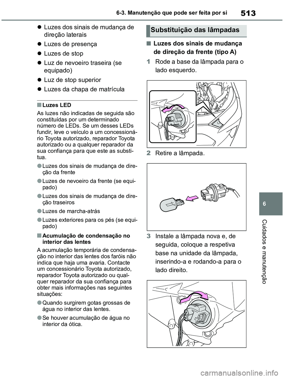 TOYOTA RAV4 2020  Manual de utilização (in Portuguese) 513
6 6-3. Manutenção que pode ser feita por si
Cuidados e manutenção
Luzes dos sinais de mudança de 
direção laterais
Luzes de presença
Luzes de stop
Luz de nevoeiro traseira (se 