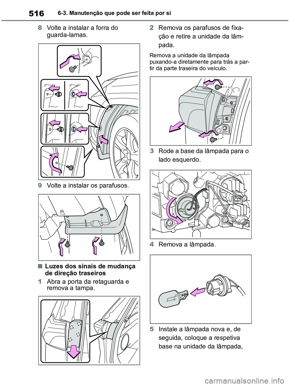 TOYOTA RAV4 2020  Manual de utilização (in Portuguese) 5166-3. Manutenção que pode ser feita por si
8Volte a instalar a forra do 
guarda-lamas.
9Volte a instalar os parafusos.
■Luzes dos sinais de mudança 
de direção traseiros
1Abra a porta da reta