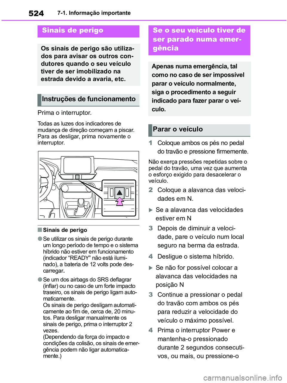 TOYOTA RAV4 2020  Manual de utilização (in Portuguese) 5247-1. Informação importante
7-1.Essential information
Prima o interruptor.
Todas as luzes dos indicadores de 
mudança de direção começam a piscar. 
Para as desligar, prima novamente o 
interru