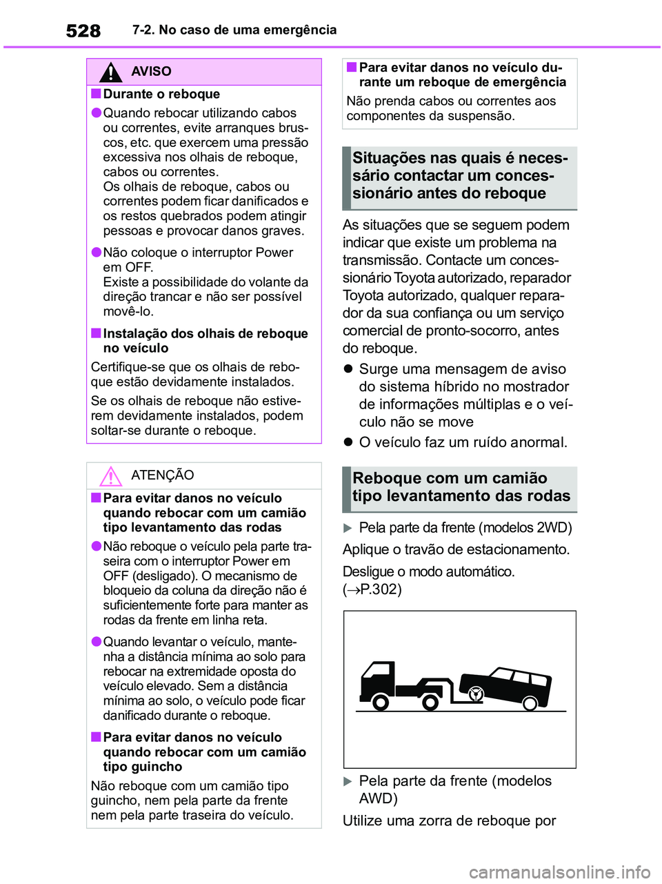 TOYOTA RAV4 2020  Manual de utilização (in Portuguese) 5287-2. No caso de uma emergência
As situações que se seguem podem 
indicar que existe um problema na 
transmissão. Contacte um conces-
sionário Toyota autorizado, reparador 
Toyota autorizado, q