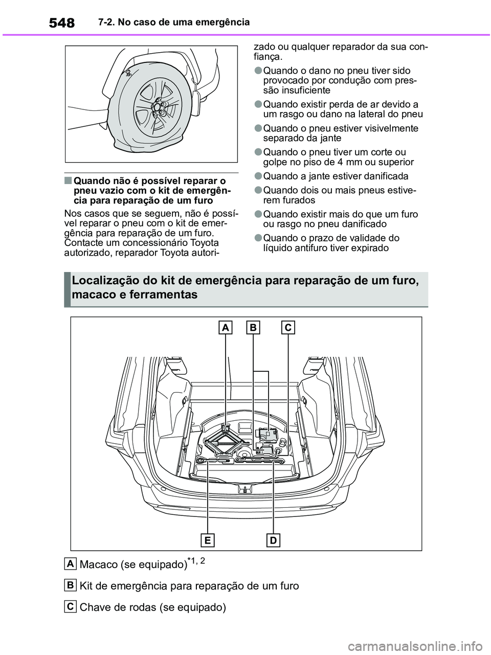 TOYOTA RAV4 2020 Manual de utilização (in Portuguese) 5487-2. No caso de uma emergência
■Quando não é possível reparar o
pneu vazio com o kit de emergên-
cia para reparação de um furo
Nos casos que se seguem, não é possí-
vel reparar o pneu TOYOTA RAV4 2020 Manual de utilização (in Portuguese) 5487-2. No caso de uma emergência
■Quando não é possível reparar o
pneu vazio com o kit de emergên-
cia para reparação de um furo
Nos casos que se seguem, não é possí-
vel reparar o pneu