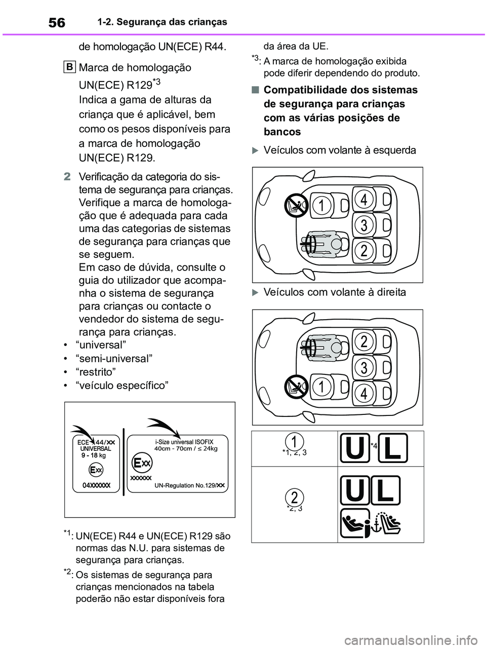 TOYOTA RAV4 2020  Manual de utilização (in Portuguese) 561-2. Segurança das crianças
de homologação UN(ECE) R44.
Marca de homologação 
UN(ECE) R129
*3
Indica a gama de alturas da 
criança que é aplicável, bem 
como os pesos disponíveis para 
a m