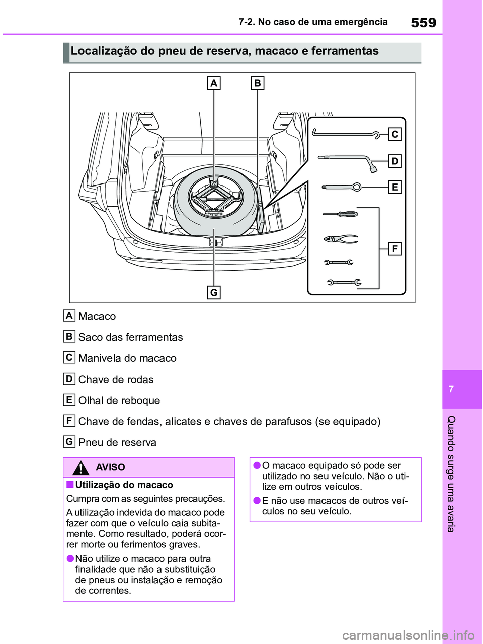 TOYOTA RAV4 2020  Manual de utilização (in Portuguese) 559
7 7-2. No caso de uma emergência
Quando surge uma avaria
Macaco
Saco das ferramentas
Manivela do macaco
Chave de rodas 
Olhal de reboque
Chave de fendas, alicates e chaves de parafusos (se equipa