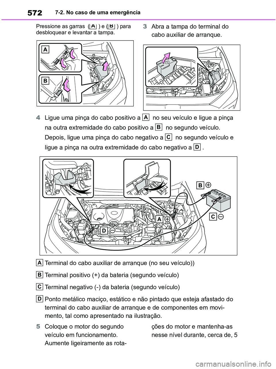 TOYOTA RAV4 2020  Manual de utilização (in Portuguese) 5727-2. No caso de uma emergência
Pressione as garras  ( ) e ( ) para 
desbloquear e levantar a tampa. 
3Abra a tampa do terminal do 
cabo auxiliar de arranque.
4Ligue uma pinça do cabo positivo a  