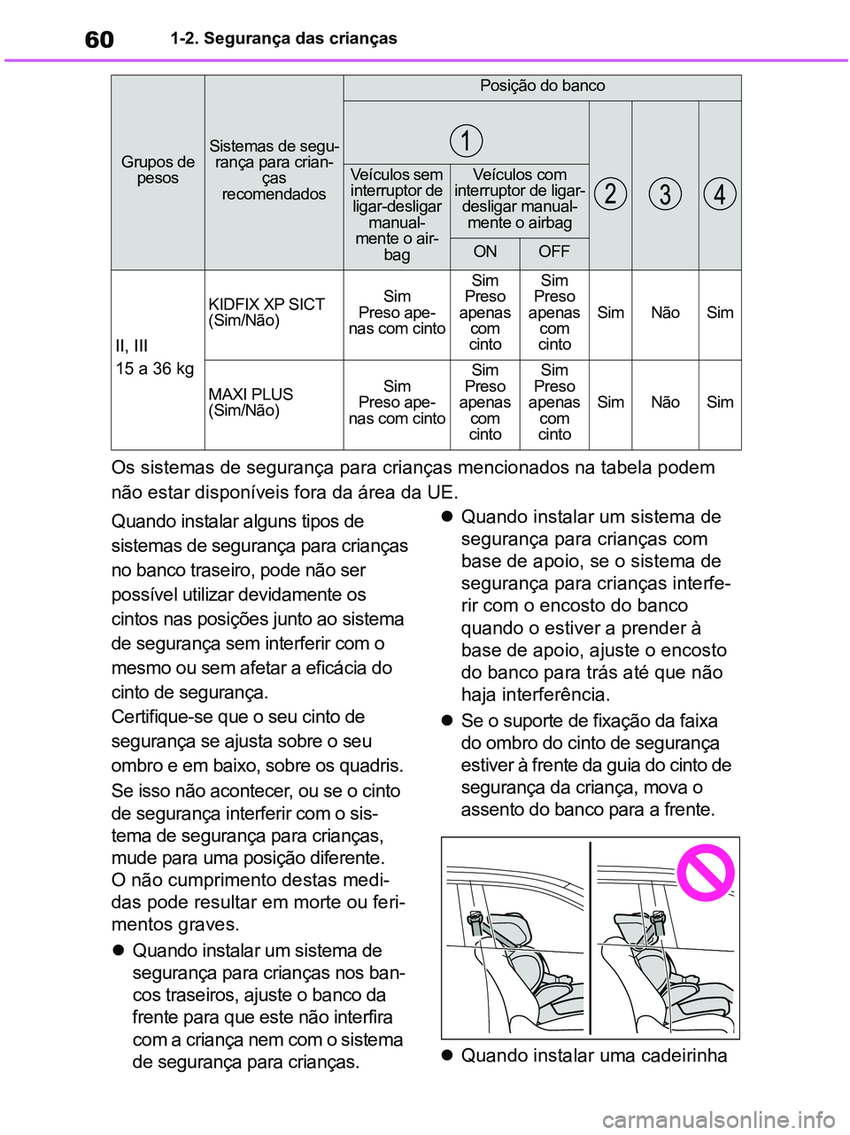 TOYOTA RAV4 2020  Manual de utilização (in Portuguese) 601-2. Segurança das crianças
Os sistemas de segurança para crianças mencionados na tabela podem 
não estar disponíveis fora da área da UE.
Quando instalar alguns tipos de 
sistemas de seguran
