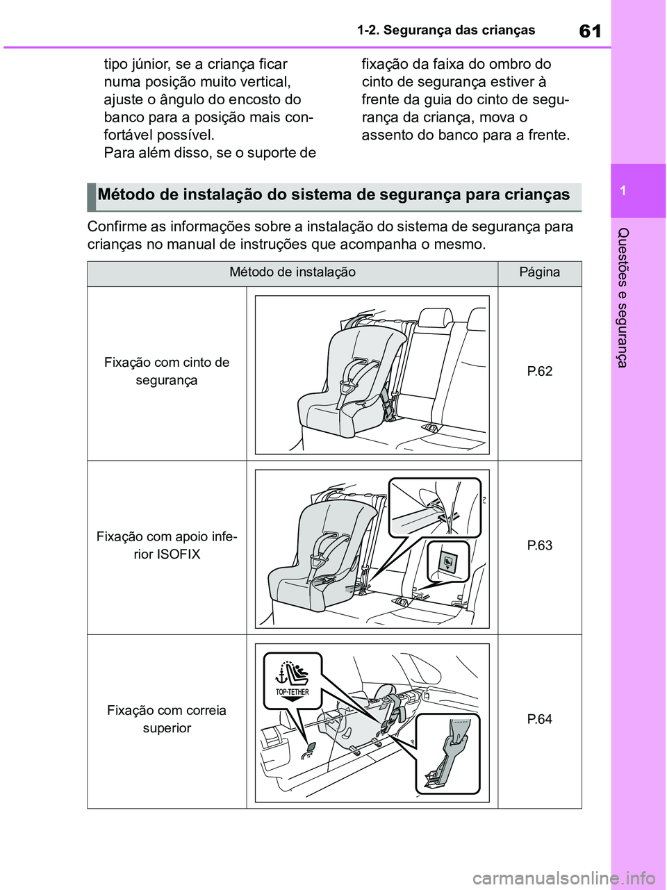 TOYOTA RAV4 2020  Manual de utilização (in Portuguese) 61
1 1-2. Segurança das crianças
Questões e segurança
tipo júnior, se a criança ficar 
numa posição muito vertical, 
ajuste o ângulo do encosto do 
banco para a posição mais con-
fortável 