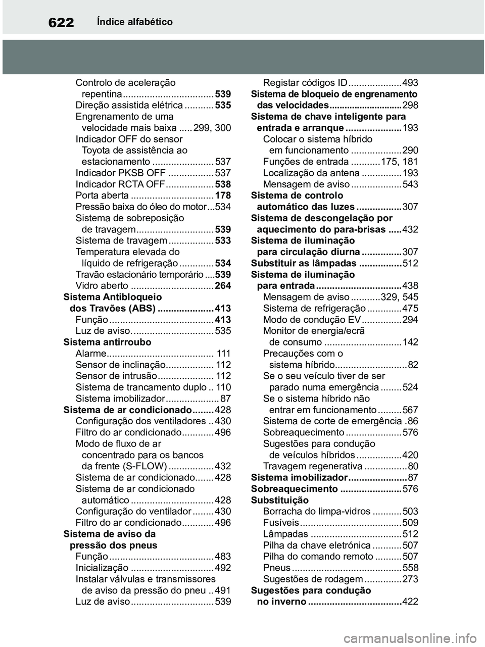 TOYOTA RAV4 2020 Manual de utilização (in Portuguese) 622Índice alfabético
Controlo de aceleração
repentina..................................539
Direção assistida elétrica ...........535
Engrenamento de uma
velocidade mais baixa ..... 299, 300
I TOYOTA RAV4 2020 Manual de utilização (in Portuguese) 622Índice alfabético
Controlo de aceleração
repentina..................................539
Direção assistida elétrica ...........535
Engrenamento de uma
velocidade mais baixa ..... 299, 300
I