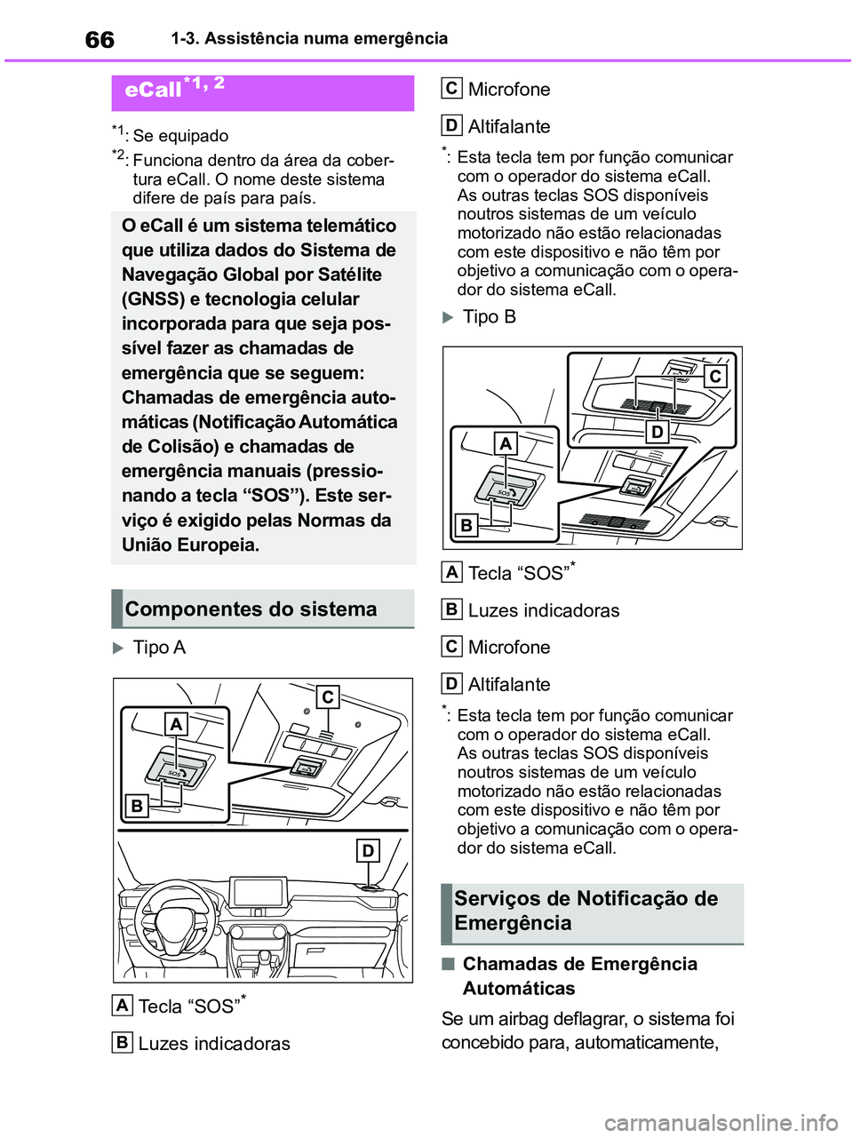 TOYOTA RAV4 2020 Manual de utilização (in Portuguese) 661-3. Assistência numa emergência
1-3.Emergency assistance
*1: Se equipado*2: Funciona dentro da área da cober-
tura eCall. O nome deste sistema
difere de país para país.
Tipo A
Tecla “SOS TOYOTA RAV4 2020 Manual de utilização (in Portuguese) 661-3. Assistência numa emergência
1-3.Emergency assistance
*1: Se equipado*2: Funciona dentro da área da cober-
tura eCall. O nome deste sistema
difere de país para país.
Tipo A
Tecla “SOS