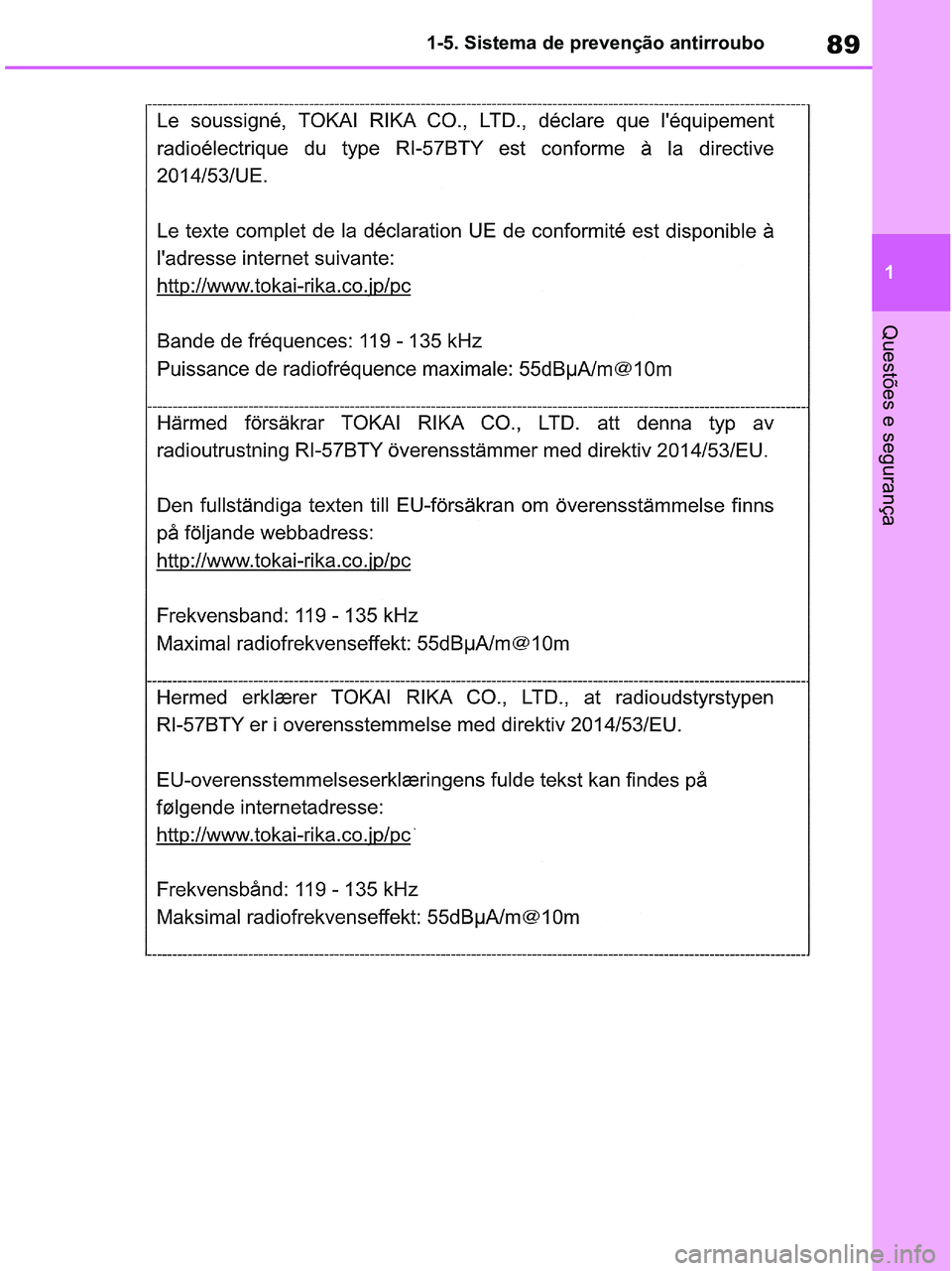 TOYOTA RAV4 2020  Manual de utilização (in Portuguese) 89
1
Questões e segurança
pM_RAV4-HV_OM_OM42D32PT.book  Page 89  Wednesday, January 27, 2021  6:28 PM
1-5. Sistema de prevenção antirroubo 