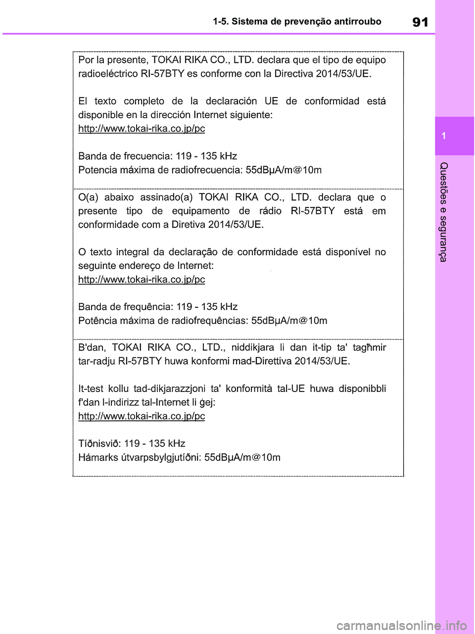 TOYOTA RAV4 2020  Manual de utilização (in Portuguese) 91
1
Questões e segurança
pM_RAV4-HV_OM_OM42D32PT.book  Page 91  Wednesday, January 27, 2021  6:28 PM
1-5. Sistema de prevenção antirroubo 