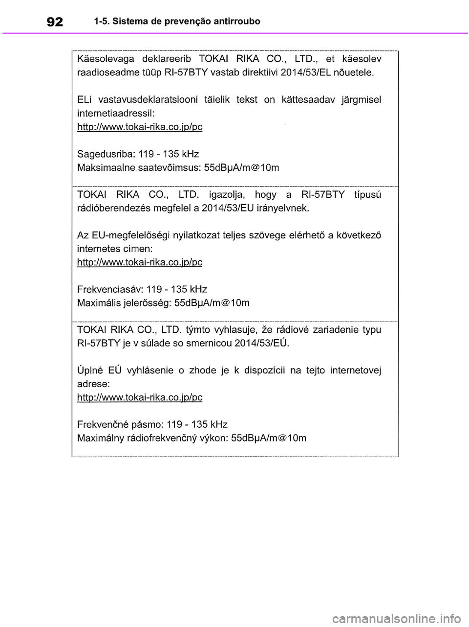 TOYOTA RAV4 2020  Manual de utilização (in Portuguese) 921-5. Sistema de prevenção antirroubo
pM_RAV4-HV_OM_OM42D32PT.book  Page 92  Wednesday, January 27, 2021  6:28 PM 