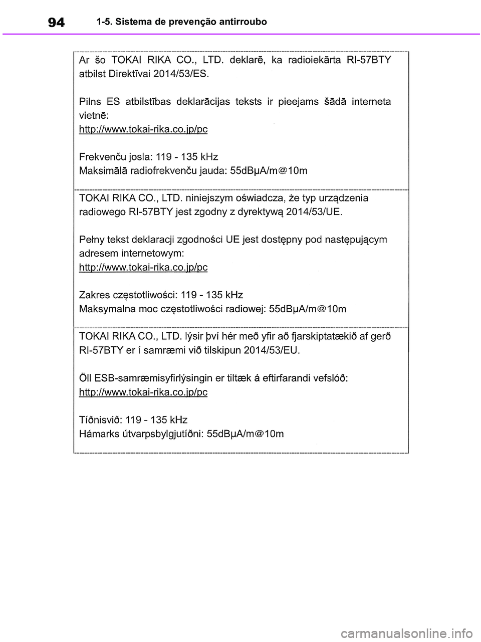 TOYOTA RAV4 2020  Manual de utilização (in Portuguese) 941-5. Sistema de prevenção antirroubo
pM_RAV4-HV_OM_OM42D32PT.book  Page 94  Wednesday, January 27, 2021  6:28 PM 