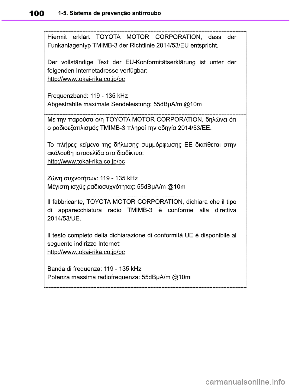 TOYOTA RAV4 2020  Manual de utilização (in Portuguese) 1001-5. Sistema de prevenção antirroubo
pM_RAV4-HV_OM_OM42D32PT.book  Page 100  Wednesday, January 27, 2021  6:28 PM 