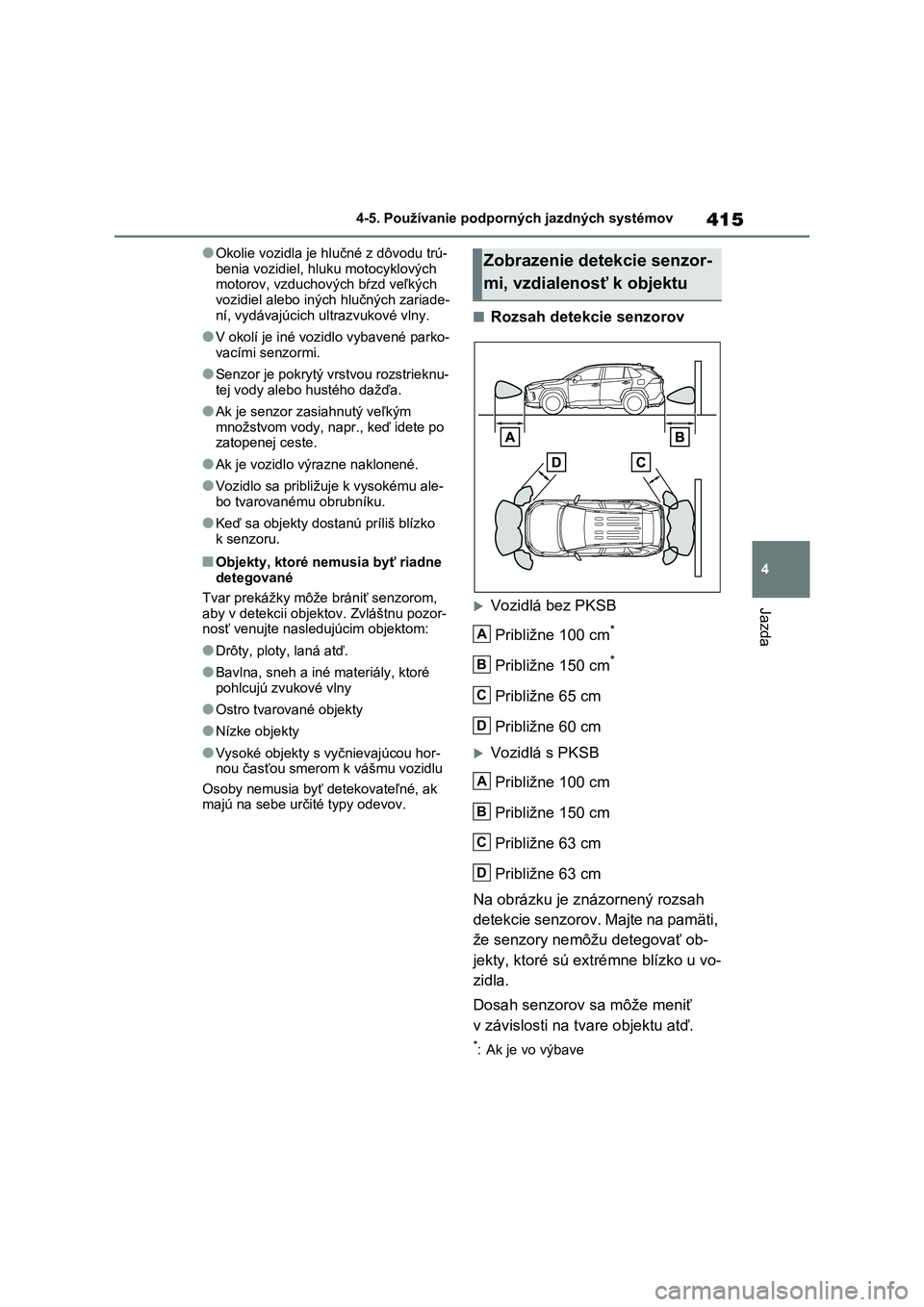 TOYOTA RAV4 2020 Návod na použitie (in Slovakian) 415
4
4-5. Používanie podporných jazdných systémov
Jazda
●Okolie vozidla je hlučné z dôvodu trú-
benia vozidiel, hl uku motocyklových motorov, vzduchových bŕzd veľkých
vozidiel al TOYOTA RAV4 2020 Návod na použitie (in Slovakian) 415
4
4-5. Používanie podporných jazdných systémov
Jazda
●Okolie vozidla je hlučné z dôvodu trú-
benia vozidiel, hl uku motocyklových motorov, vzduchových bŕzd veľkých
vozidiel al