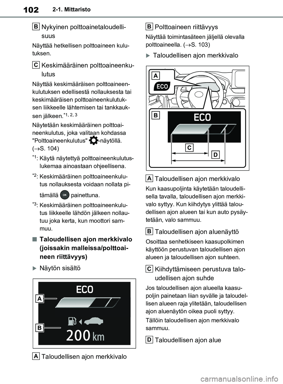 TOYOTA RAV4 2020  Omistajan Käsikirja (in Finnish) 1022-1. Mittaristo
Nykyinen polttoainetaloudelli-
suus
Näyttää hetkellisen polttoaineen kulu-
tuksen.
Keskimääräinen polttoaineenku-
lutus
Näyttää keskimääräisen polttoaineen-
kulutuksen e