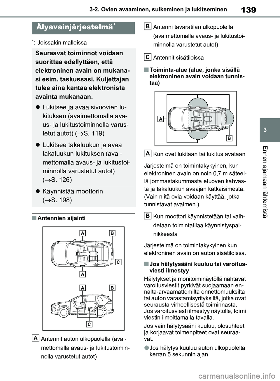 TOYOTA RAV4 2020 Omistajan Käsikirja (in Finnish) 139
3
3-2. Ovien avaaminen, sulk
eminen ja lukitseminen
Ennen ajamaan lähtemistä
*: Joissakin malleissa
nAntennien sijainti
Antennit auton ulkopuolella (avai-
mettomalla avaus- ja lukitustoimin-
nol TOYOTA RAV4 2020 Omistajan Käsikirja (in Finnish) 139
3
3-2. Ovien avaaminen, sulk
eminen ja lukitseminen
Ennen ajamaan lähtemistä
*: Joissakin malleissa
nAntennien sijainti
Antennit auton ulkopuolella (avai-
mettomalla avaus- ja lukitustoimin-
nol