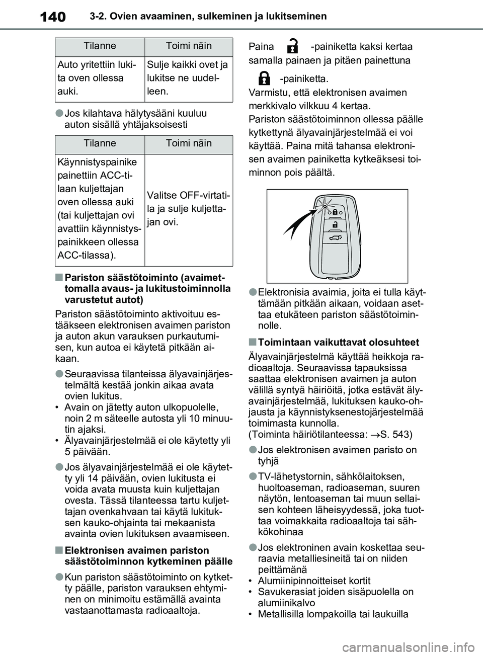 TOYOTA RAV4 2020 Omistajan Käsikirja (in Finnish) 1403-2. Ovien avaaminen, sulkeminen ja lukitseminen
lJos kilahtava hälytysääni kuuluu
auton sisällä yhtäjaksoisesti
nPariston säästötoiminto (avaimet-
tomalla avaus- ja lukitustoiminnolla
v TOYOTA RAV4 2020 Omistajan Käsikirja (in Finnish) 1403-2. Ovien avaaminen, sulkeminen ja lukitseminen
lJos kilahtava hälytysääni kuuluu
auton sisällä yhtäjaksoisesti
nPariston säästötoiminto (avaimet-
tomalla avaus- ja lukitustoiminnolla
v