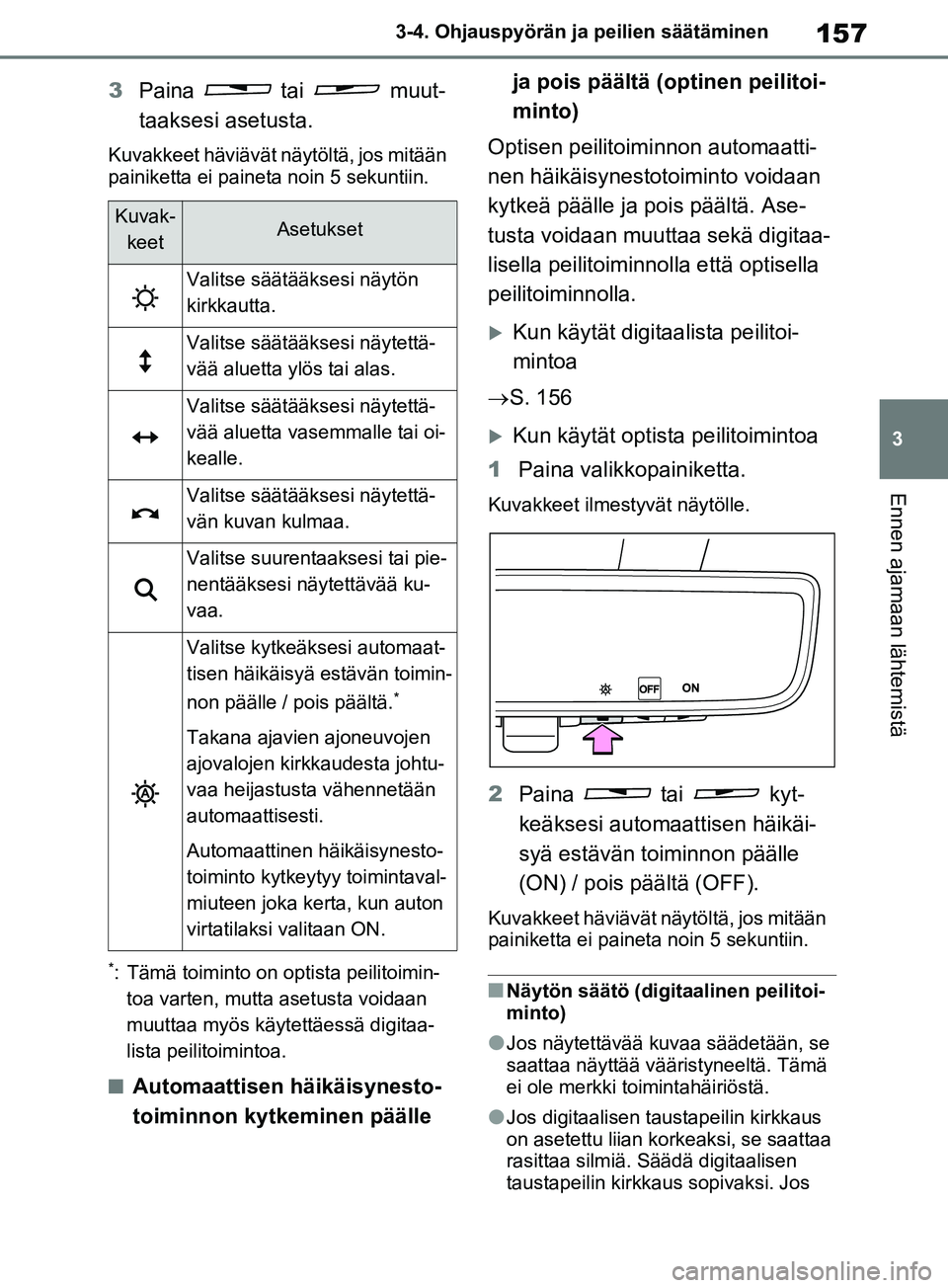 TOYOTA RAV4 2020 Omistajan Käsikirja (in Finnish) 157
3
3-4. Ohjauspyörän ja peilien säätäminen
Ennen ajamaan lähtemistä
3
Paina tai muut-
taaksesi asetusta.
Kuvakkeet häviävät näytöltä, jos mitään
painiketta ei paineta noin 5 sekun TOYOTA RAV4 2020 Omistajan Käsikirja (in Finnish) 157
3
3-4. Ohjauspyörän ja peilien säätäminen
Ennen ajamaan lähtemistä
3
Paina tai muut-
taaksesi asetusta.
Kuvakkeet häviävät näytöltä, jos mitään
painiketta ei paineta noin 5 sekun