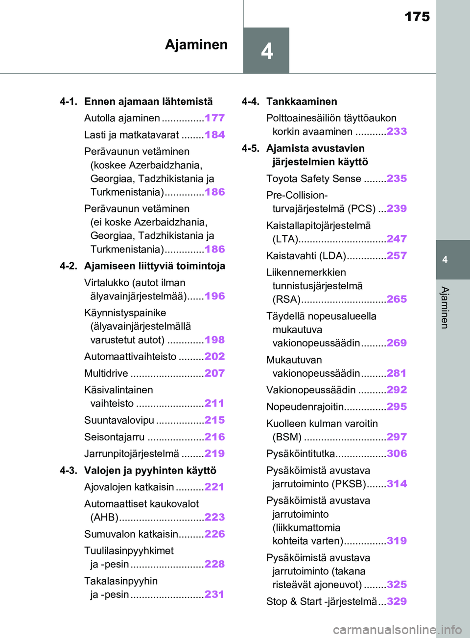 TOYOTA RAV4 2020 Omistajan Käsikirja (in Finnish) 4
175
4
Ajaminen
Ajaminen
4-1. Ennen ajamaan lähtemistäAutolla ajaminen ............... 177
Lasti ja matkatavarat ........ 184
Perävaunun vetäminen (koskee Azerbaidzhania,
Georgiaa, Tadzhikistan TOYOTA RAV4 2020 Omistajan Käsikirja (in Finnish) 4
175
4
Ajaminen
Ajaminen
4-1. Ennen ajamaan lähtemistäAutolla ajaminen ............... 177
Lasti ja matkatavarat ........ 184
Perävaunun vetäminen (koskee Azerbaidzhania,
Georgiaa, Tadzhikistan