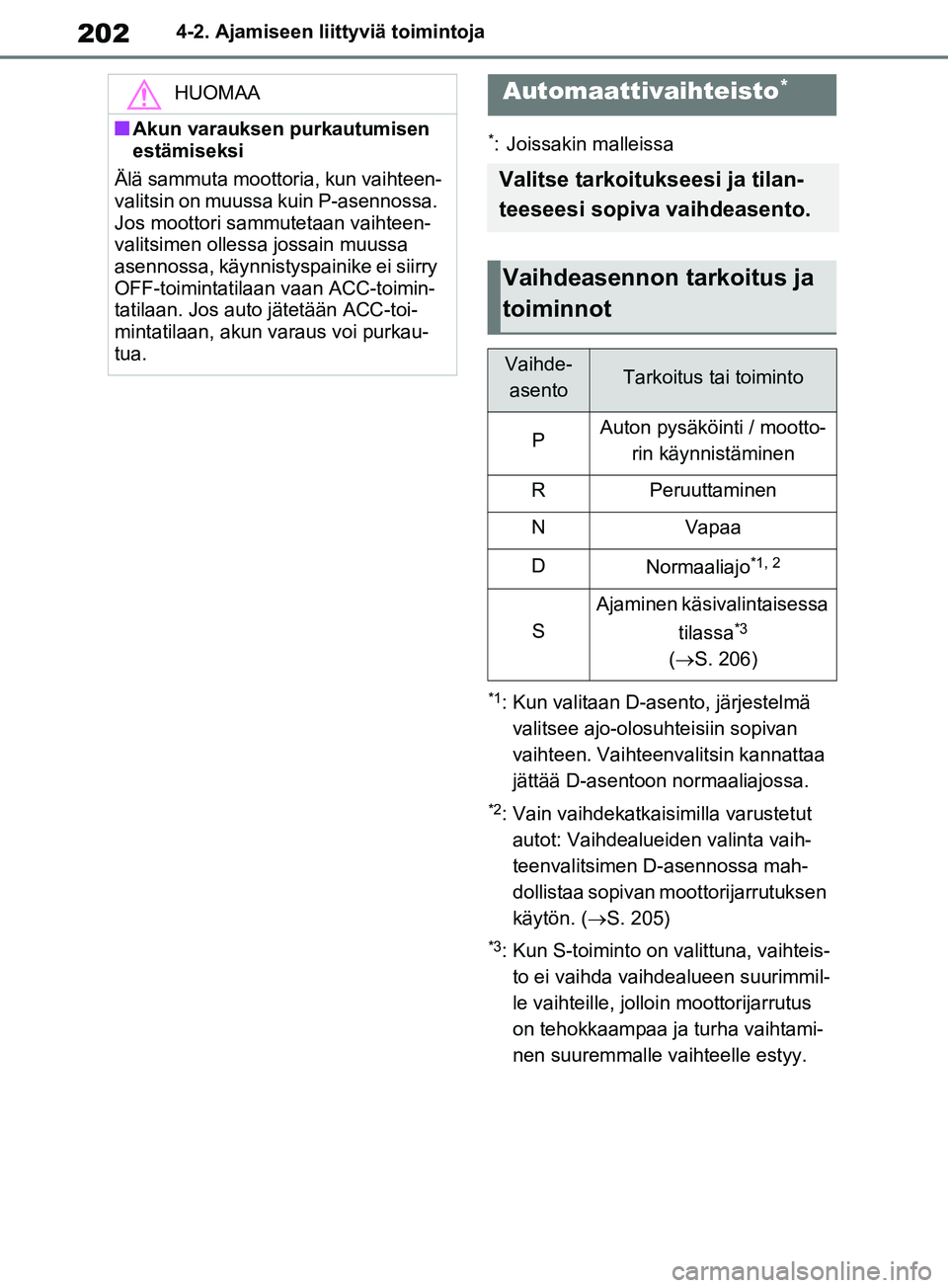 TOYOTA RAV4 2020 Omistajan Käsikirja (in Finnish) 2024-2. Ajamiseen liittyviä toimintoja
*: Joissakin malleissa
*1: Kun valitaan D-asento, järjestelmä valitsee ajo-olosuhteisiin sopivan
vaihteen. Vaihteenvalitsin kannattaa
jättää D-asentoon n TOYOTA RAV4 2020 Omistajan Käsikirja (in Finnish) 2024-2. Ajamiseen liittyviä toimintoja
*: Joissakin malleissa
*1: Kun valitaan D-asento, järjestelmä valitsee ajo-olosuhteisiin sopivan
vaihteen. Vaihteenvalitsin kannattaa
jättää D-asentoon n