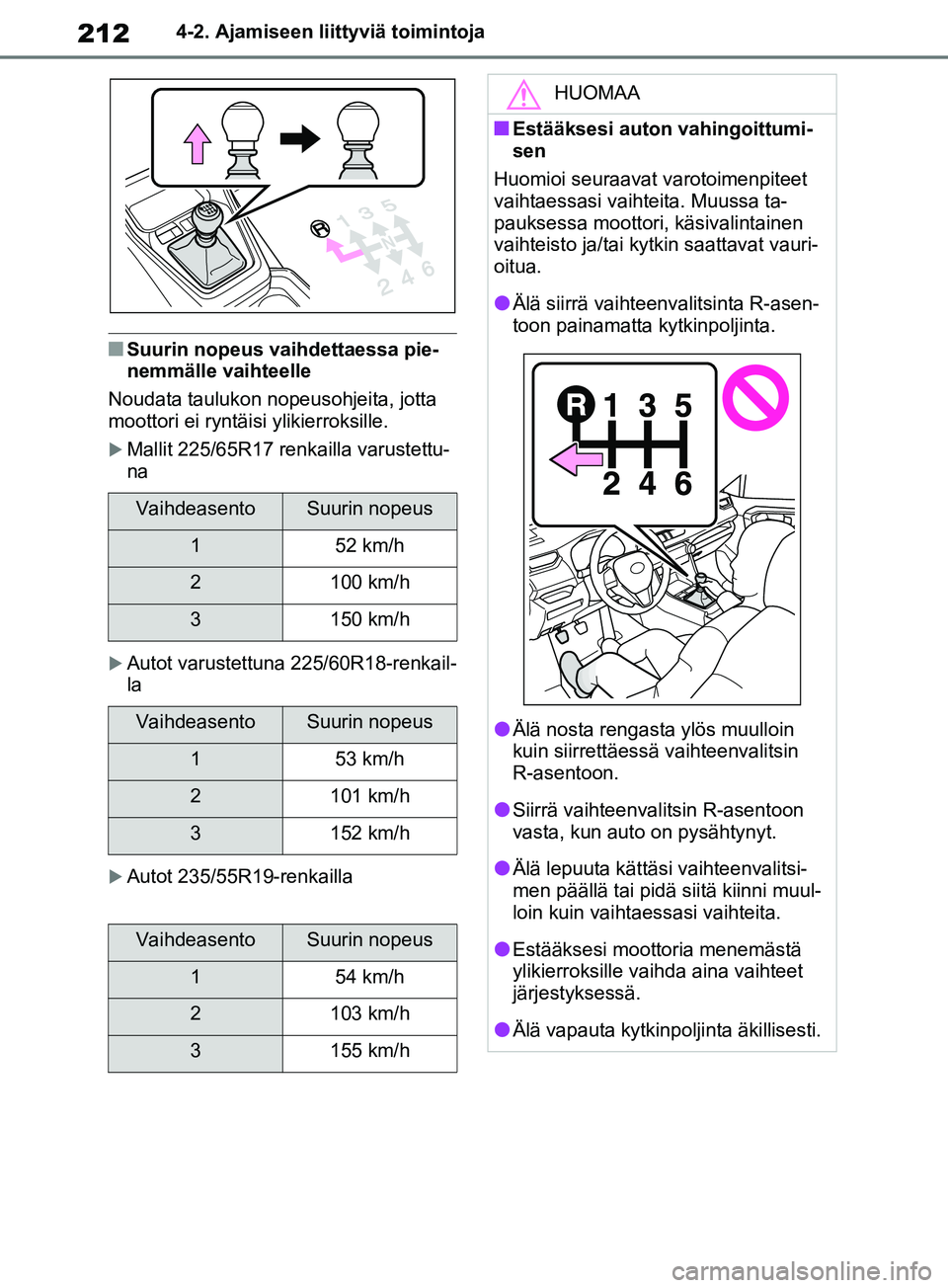 TOYOTA RAV4 2020 Omistajan Käsikirja (in Finnish) 2124-2. Ajamiseen liittyviä toimintoja
nSuurin nopeus vaihdettaessa pie-
nemmälle vaihteelle
Noudata taulukon nopeusohjeita, jotta
moottori ei ryntäisi ylikierroksille.
Mallit 225/65R17 renkail TOYOTA RAV4 2020 Omistajan Käsikirja (in Finnish) 2124-2. Ajamiseen liittyviä toimintoja
nSuurin nopeus vaihdettaessa pie-
nemmälle vaihteelle
Noudata taulukon nopeusohjeita, jotta
moottori ei ryntäisi ylikierroksille.
Mallit 225/65R17 renkail