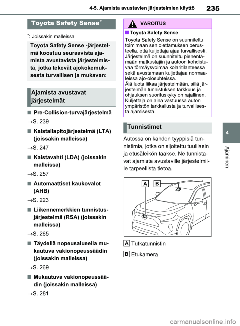TOYOTA RAV4 2020 Omistajan Käsikirja (in Finnish) 235
4
4-5. Ajamista avustavien järjestelmien käyttö
Ajaminen
4-5.Ajamista avustavien järjestelmien käyttö
*: Joissakin malleissa
nPre-Collision-turvajärjestelmä
S. 239
nKaistallapitojärje TOYOTA RAV4 2020 Omistajan Käsikirja (in Finnish) 235
4
4-5. Ajamista avustavien järjestelmien käyttö
Ajaminen
4-5.Ajamista avustavien järjestelmien käyttö
*: Joissakin malleissa
nPre-Collision-turvajärjestelmä
S. 239
nKaistallapitojärje