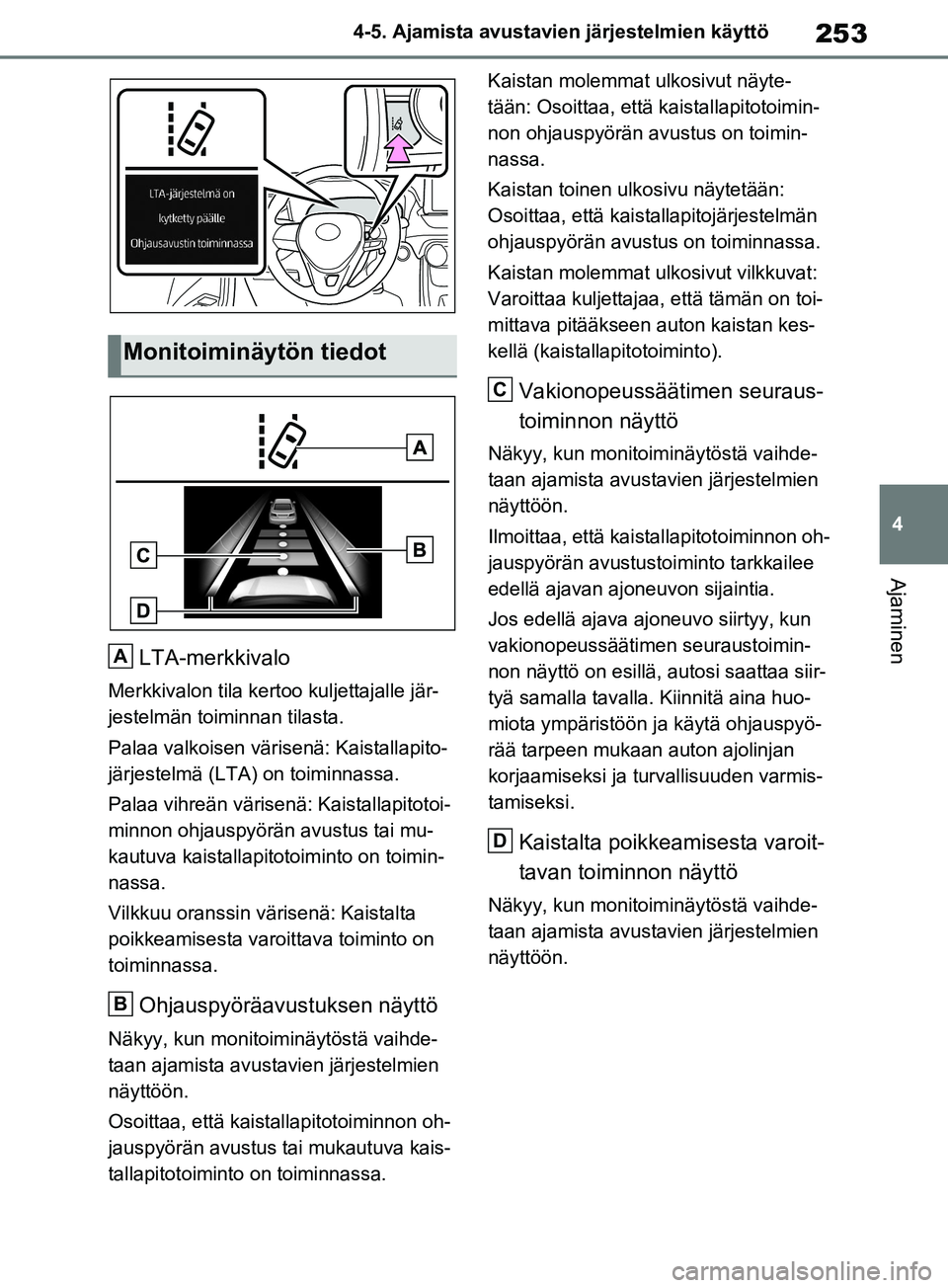 TOYOTA RAV4 2020 Omistajan Käsikirja (in Finnish) 253
4
4-5. Ajamista avustavien järjestelmien käyttö
Ajaminen
LTA-merkkivalo
Merkkivalon tila kertoo kuljettajalle jär-
jestelmän toiminnan tilasta.
Palaa valkoisen värisenä: Kaistallapito-
jär TOYOTA RAV4 2020 Omistajan Käsikirja (in Finnish) 253
4
4-5. Ajamista avustavien järjestelmien käyttö
Ajaminen
LTA-merkkivalo
Merkkivalon tila kertoo kuljettajalle jär-
jestelmän toiminnan tilasta.
Palaa valkoisen värisenä: Kaistallapito-
jär