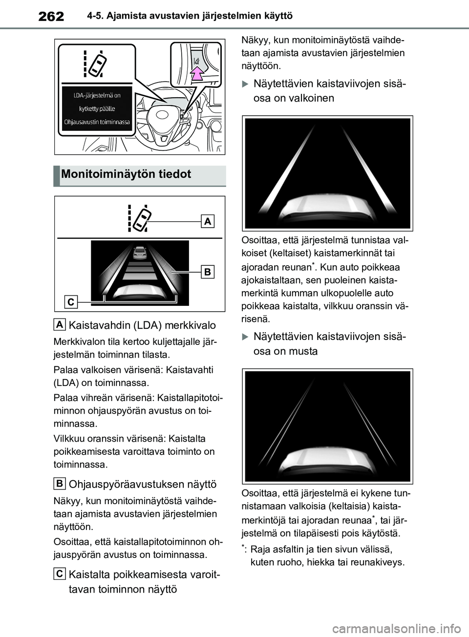 TOYOTA RAV4 2020 Omistajan Käsikirja (in Finnish) 2624-5. Ajamista avustavien järjestelmien käyttö
Kaistavahdin (LDA) merkkivalo
Merkkivalon tila kertoo kuljettajalle jär-
jestelmän toiminnan tilasta.
Palaa valkoisen värisenä: Kaistavahti
(LD TOYOTA RAV4 2020 Omistajan Käsikirja (in Finnish) 2624-5. Ajamista avustavien järjestelmien käyttö
Kaistavahdin (LDA) merkkivalo
Merkkivalon tila kertoo kuljettajalle jär-
jestelmän toiminnan tilasta.
Palaa valkoisen värisenä: Kaistavahti
(LD