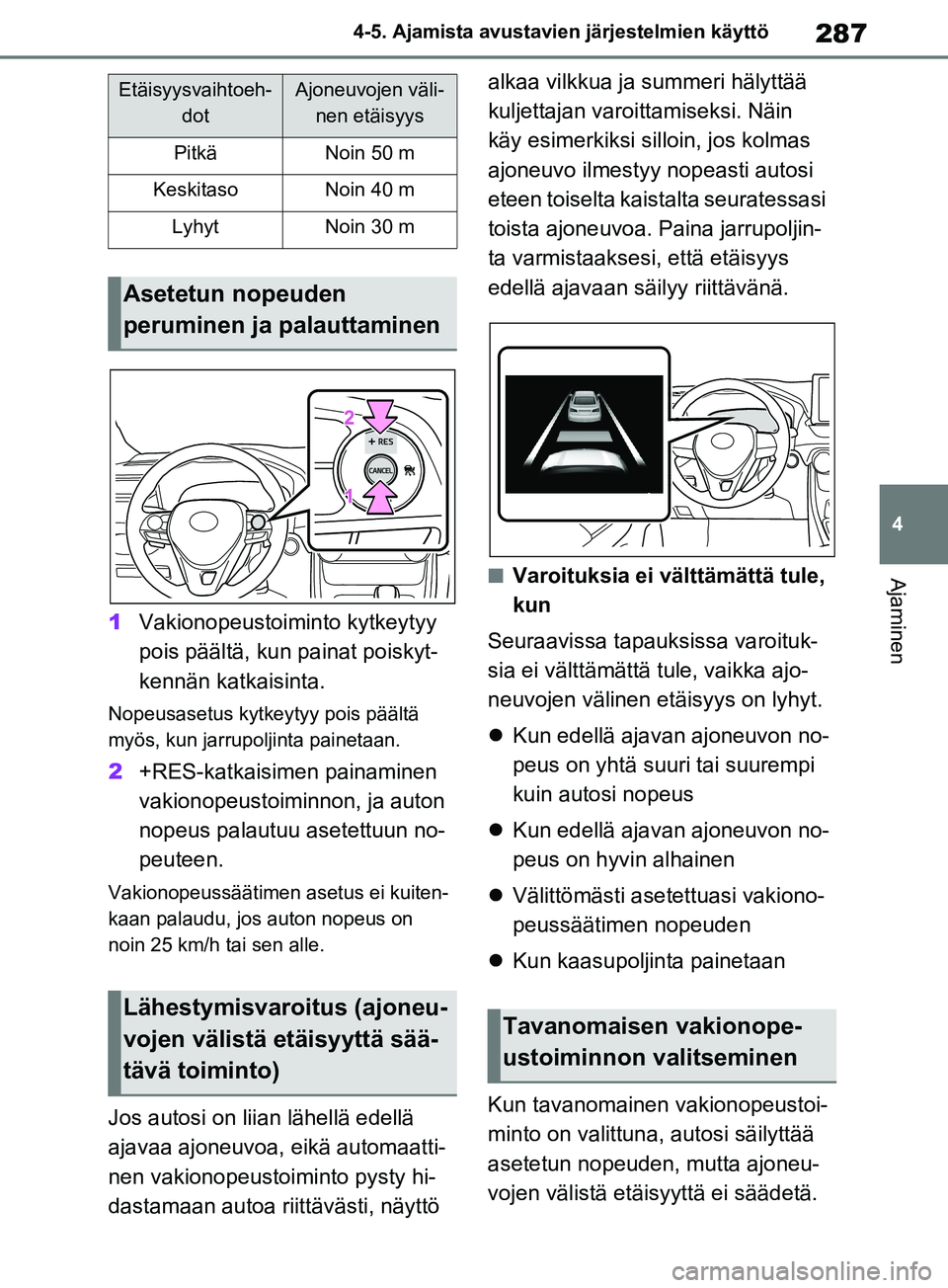 TOYOTA RAV4 2020  Omistajan Käsikirja (in Finnish) 287
4
4-5. Ajamista avustavien järjestelmien käyttö
Ajaminen
1
Vakionopeustoiminto kytkeytyy 
pois päältä, kun painat poiskyt-
kennän katkaisinta.
Nopeusasetus kytkeytyy pois päältä 
myös, 