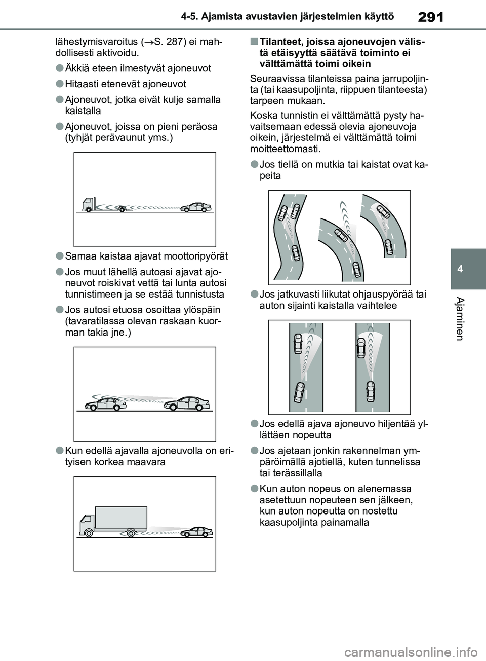 TOYOTA RAV4 2020 Omistajan Käsikirja (in Finnish) 291
4
4-5. Ajamista avustavien järjestelmien käyttö
Ajaminen
lähestymisvaroitus (
S. 287) ei mah-
dollisesti aktivoidu.
lÄkkiä eteen ilmestyvät ajoneuvot
lHitaasti etenevät ajoneuvot
lAjone TOYOTA RAV4 2020 Omistajan Käsikirja (in Finnish) 291
4
4-5. Ajamista avustavien järjestelmien käyttö
Ajaminen
lähestymisvaroitus (
S. 287) ei mah-
dollisesti aktivoidu.
lÄkkiä eteen ilmestyvät ajoneuvot
lHitaasti etenevät ajoneuvot
lAjone
