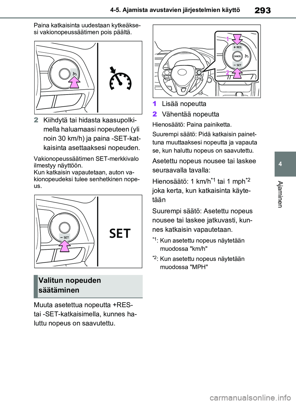 TOYOTA RAV4 2020 Omistajan Käsikirja (in Finnish) 293
4
4-5. Ajamista avustavien järjestelmien käyttö
Ajaminen
Paina katkaisinta uudestaan kytkeäkse-
si vakionopeussäätimen pois päältä.
2
Kiihdytä tai hidasta kaasupolki-
mella haluamaasi no TOYOTA RAV4 2020 Omistajan Käsikirja (in Finnish) 293
4
4-5. Ajamista avustavien järjestelmien käyttö
Ajaminen
Paina katkaisinta uudestaan kytkeäkse-
si vakionopeussäätimen pois päältä.
2
Kiihdytä tai hidasta kaasupolki-
mella haluamaasi no