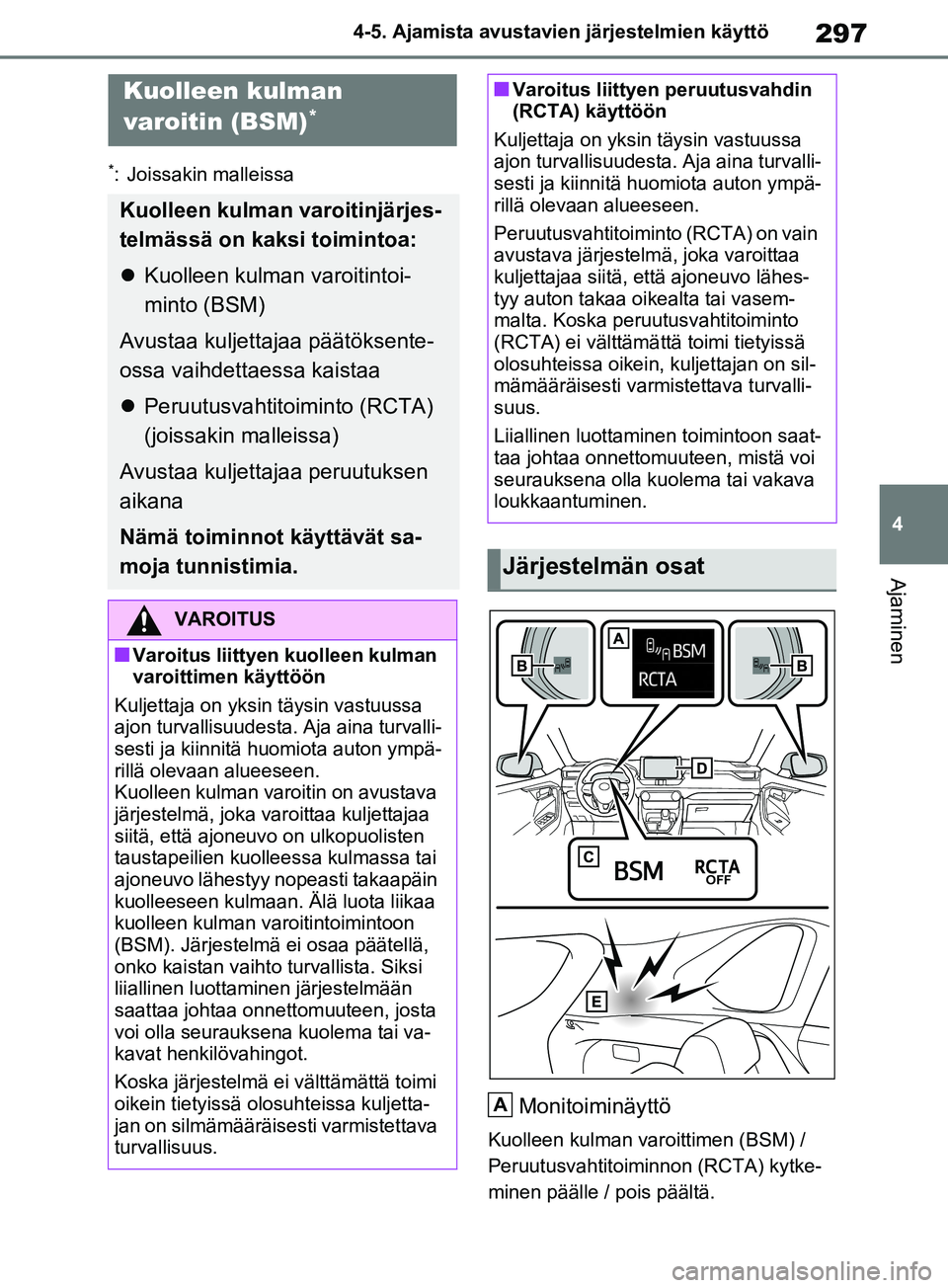 TOYOTA RAV4 2020 Omistajan Käsikirja (in Finnish) 297
4
4-5. Ajamista avustavien järjestelmien käyttö
Ajaminen
*: Joissakin malleissa
Monitoiminäyttö
Kuolleen kulman varoittimen (BSM) /
Peruutusvahtitoiminnon (RCTA) kytke-
minen päälle / pois TOYOTA RAV4 2020 Omistajan Käsikirja (in Finnish) 297
4
4-5. Ajamista avustavien järjestelmien käyttö
Ajaminen
*: Joissakin malleissa
Monitoiminäyttö
Kuolleen kulman varoittimen (BSM) /
Peruutusvahtitoiminnon (RCTA) kytke-
minen päälle / pois