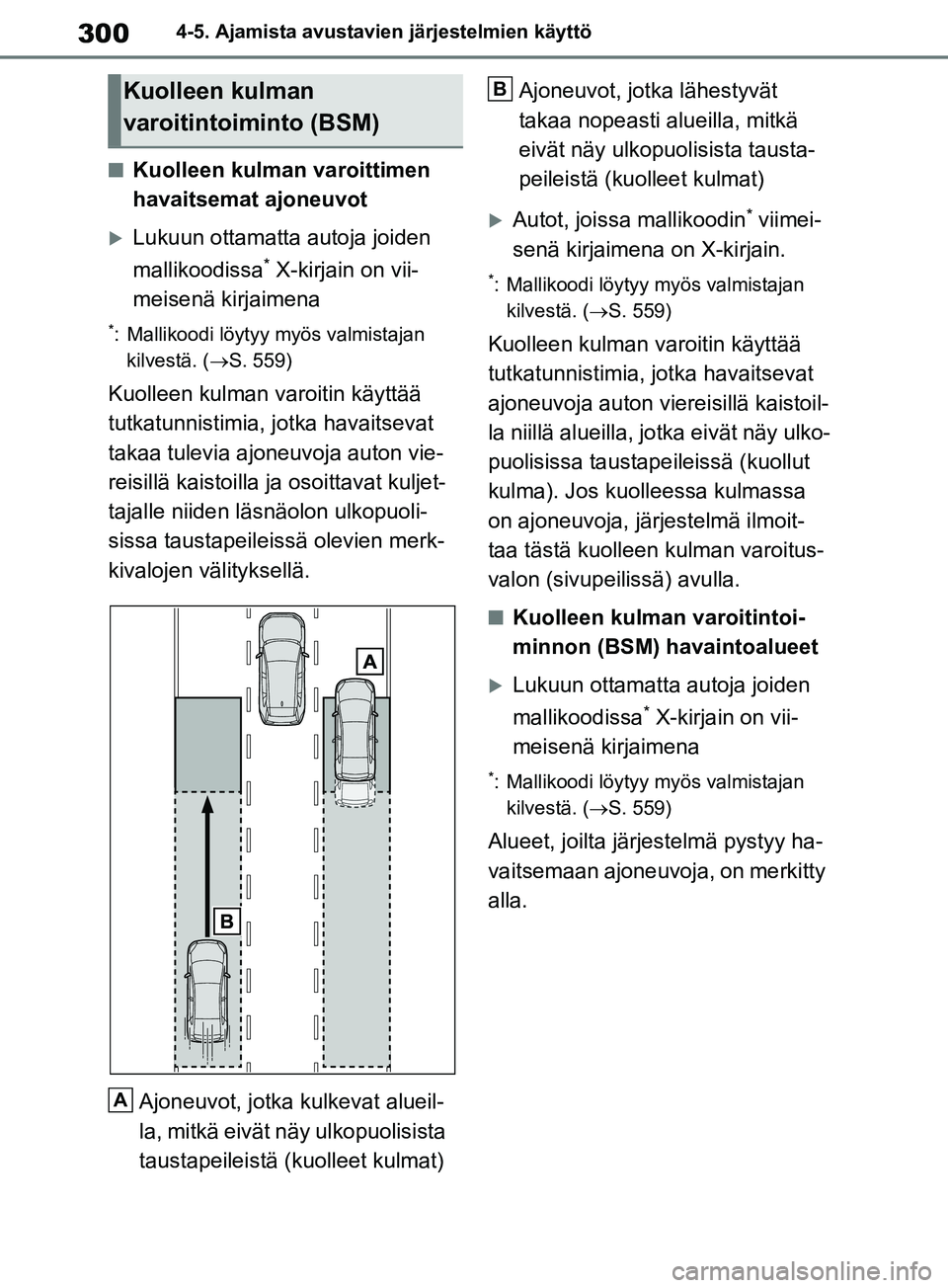 TOYOTA RAV4 2020 Omistajan Käsikirja (in Finnish) 3004-5. Ajamista avustavien järjestelmien käyttö
nKuolleen kulman varoittimen
havaitsemat ajoneuvot
Lukuun ottamatta autoja joiden
mallikoodissa
* X-kirjain on vii-
meisenä kirjaimena
*: Mall TOYOTA RAV4 2020 Omistajan Käsikirja (in Finnish) 3004-5. Ajamista avustavien järjestelmien käyttö
nKuolleen kulman varoittimen
havaitsemat ajoneuvot
Lukuun ottamatta autoja joiden
mallikoodissa
* X-kirjain on vii-
meisenä kirjaimena
*: Mall