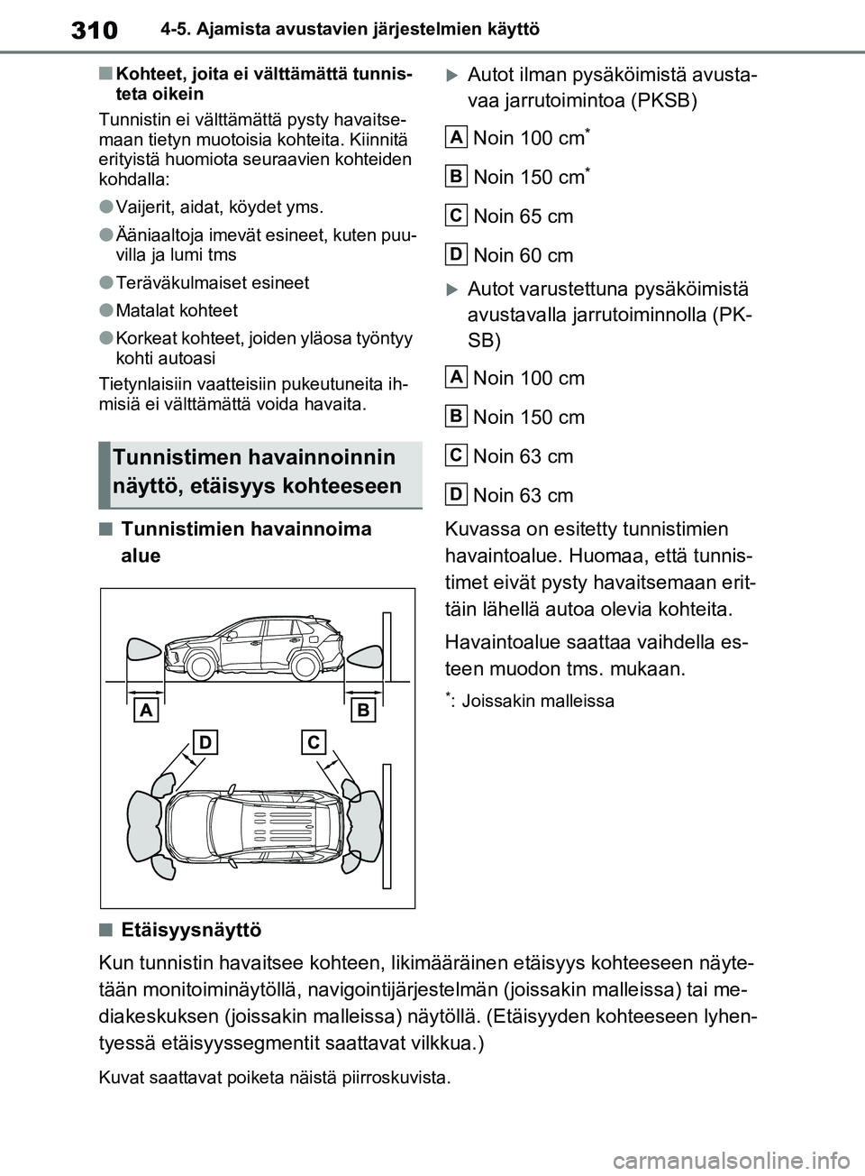 TOYOTA RAV4 2020 Omistajan Käsikirja (in Finnish) 3104-5. Ajamista avustavien järjestelmien käyttö
nKohteet, joita ei välttämättä tunnis-
teta oikein
Tunnistin ei välttämättä pysty havaitse-
maan tietyn muotoisia kohteita. Kiinnitä
erity TOYOTA RAV4 2020 Omistajan Käsikirja (in Finnish) 3104-5. Ajamista avustavien järjestelmien käyttö
nKohteet, joita ei välttämättä tunnis-
teta oikein
Tunnistin ei välttämättä pysty havaitse-
maan tietyn muotoisia kohteita. Kiinnitä
erity