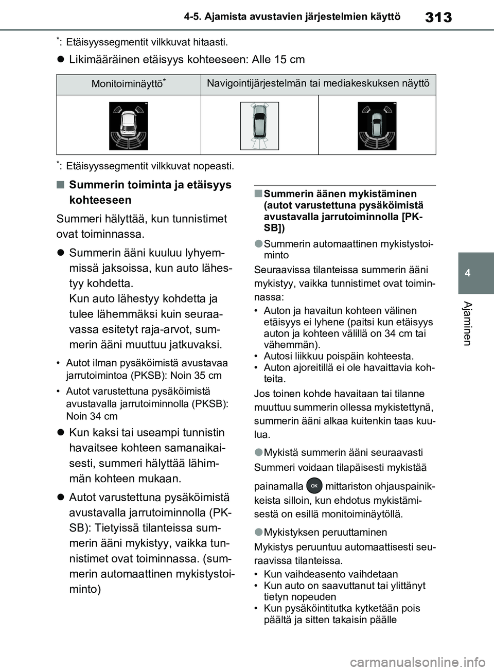 TOYOTA RAV4 2020 Omistajan Käsikirja (in Finnish) 313
4
4-5. Ajamista avustavien järjestelmien käyttö
Ajaminen
*: Etäisyyssegmentit v
ilkkuvat hitaasti.
Likimääräinen etäisyys kohteeseen: Alle 15 cm
*: Etäisyyssegmentit v ilkkuvat nopeast TOYOTA RAV4 2020 Omistajan Käsikirja (in Finnish) 313
4
4-5. Ajamista avustavien järjestelmien käyttö
Ajaminen
*: Etäisyyssegmentit v
ilkkuvat hitaasti.
Likimääräinen etäisyys kohteeseen: Alle 15 cm
*: Etäisyyssegmentit v ilkkuvat nopeast